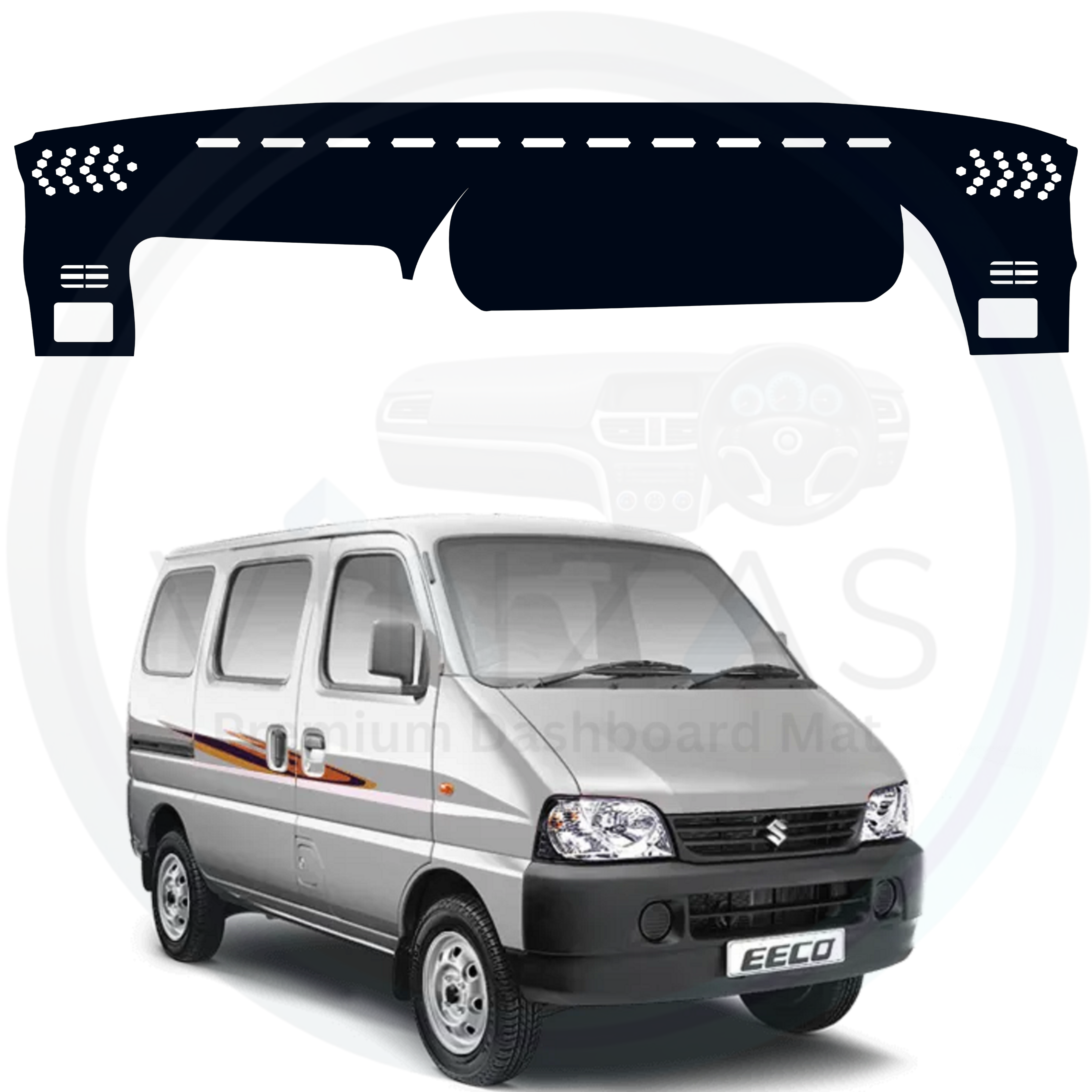 Car dashboard cover with a Maruti Eeco vehicle in the background