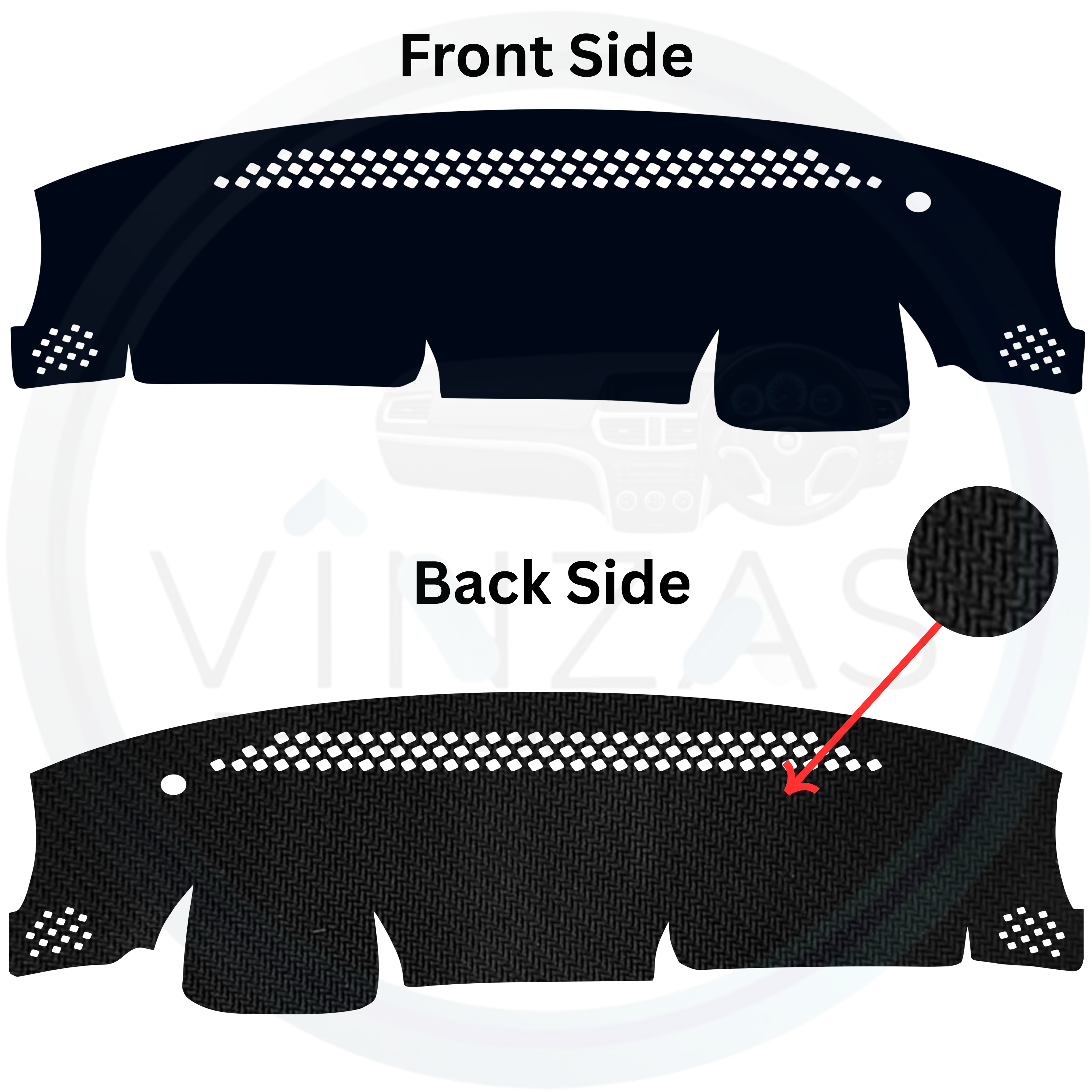 Car dashboard cover with front and back side views on a white background