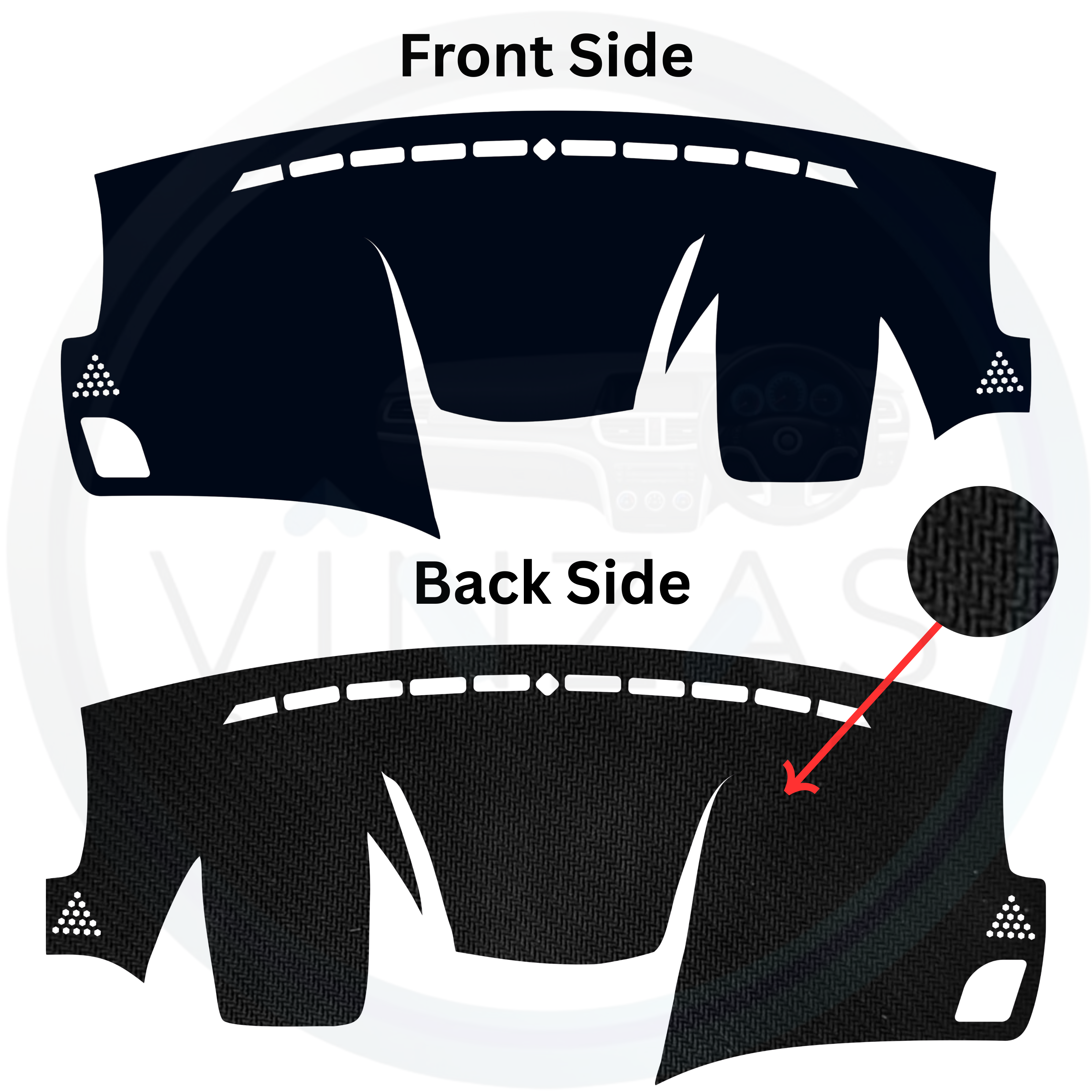 Diagram showing front and back sides of a car dashboard cover with a red arrow indicating a feature.