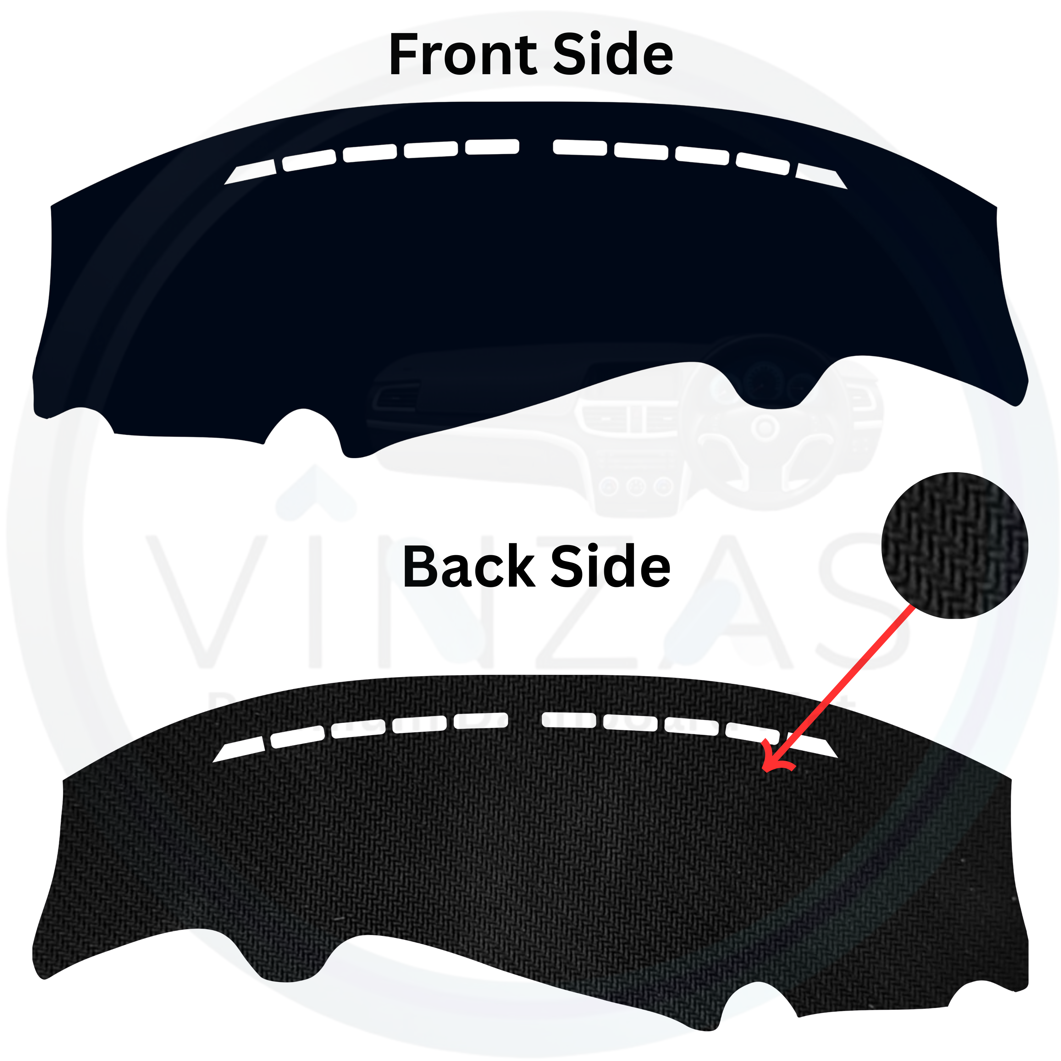 Car dashboard cover with front and back side labels on a white background