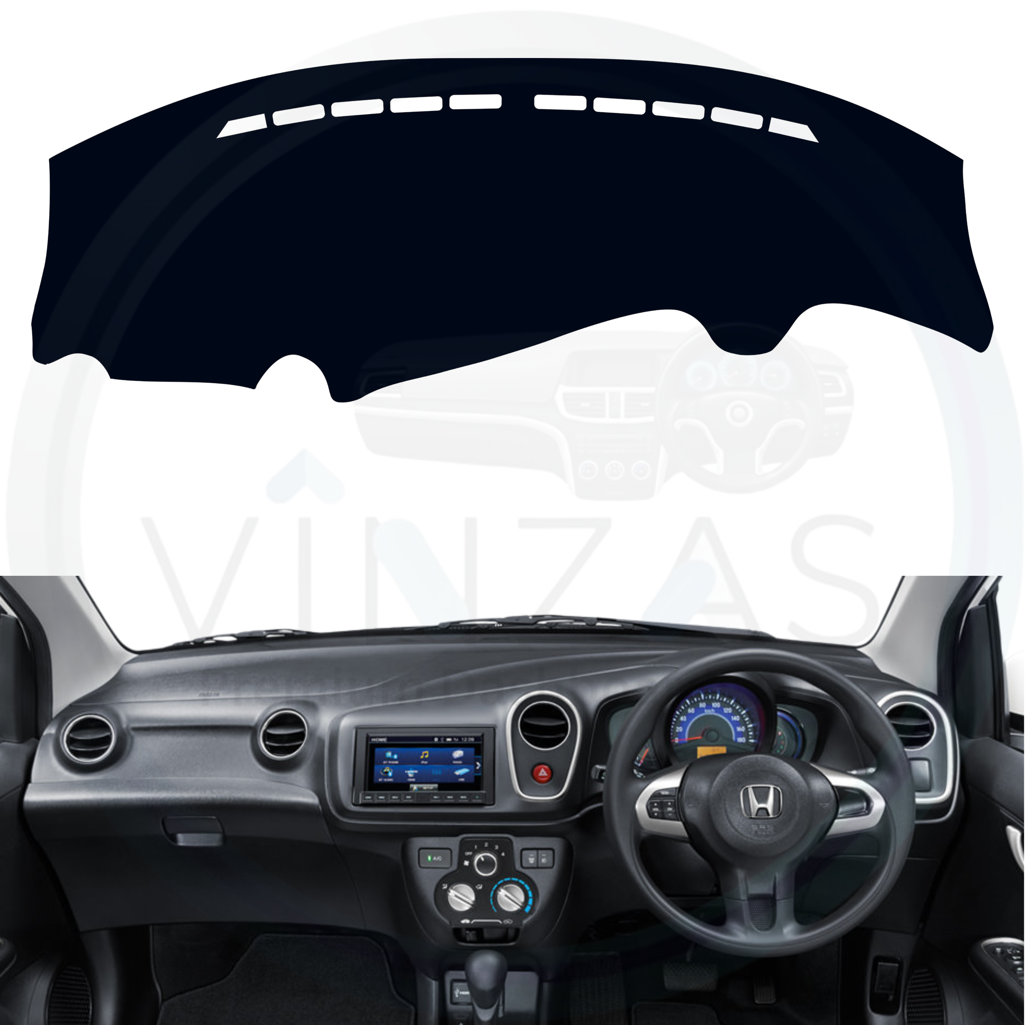 Car dashboard with a black mat covering it on a white background