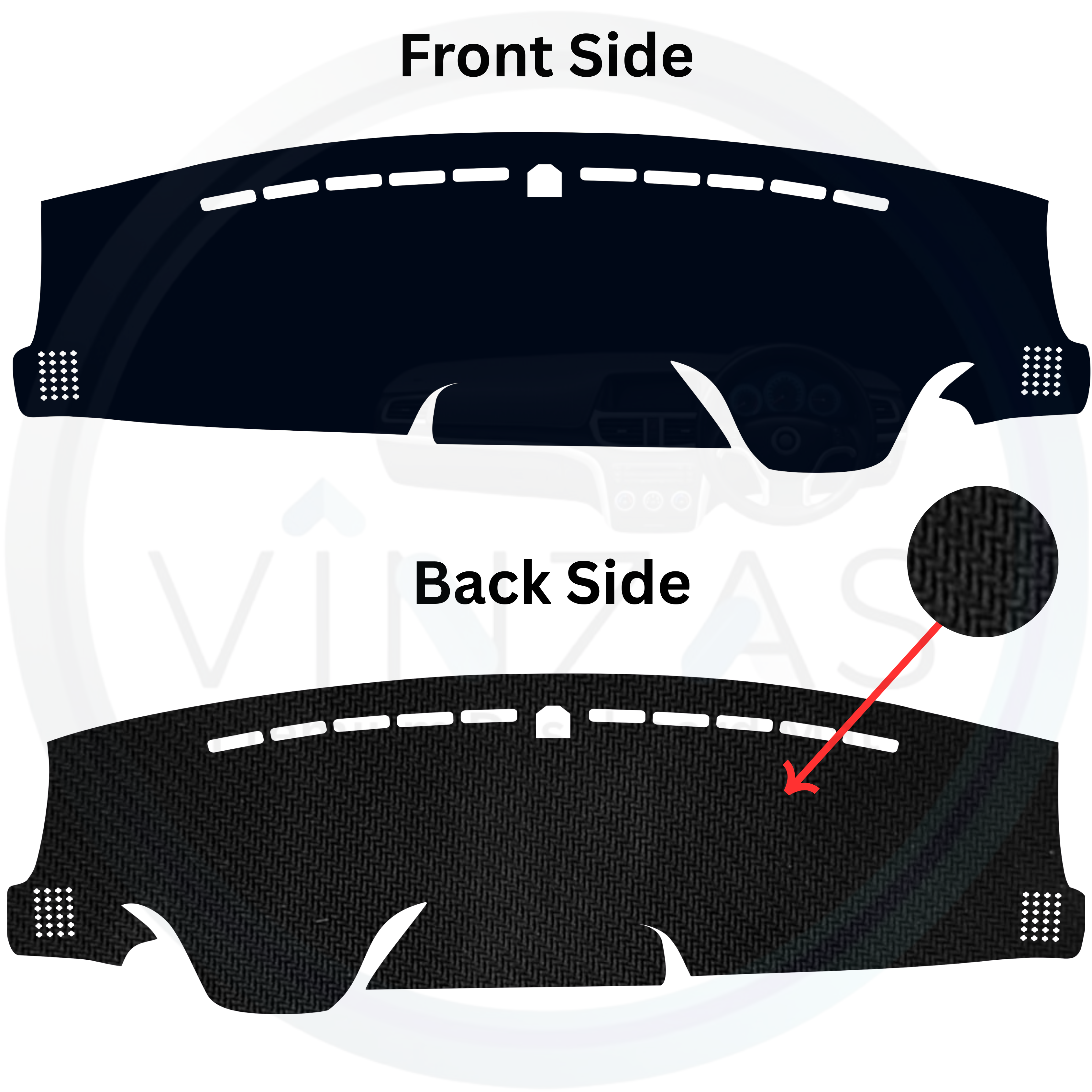 Car dashboard cover with front and back side views on a white background