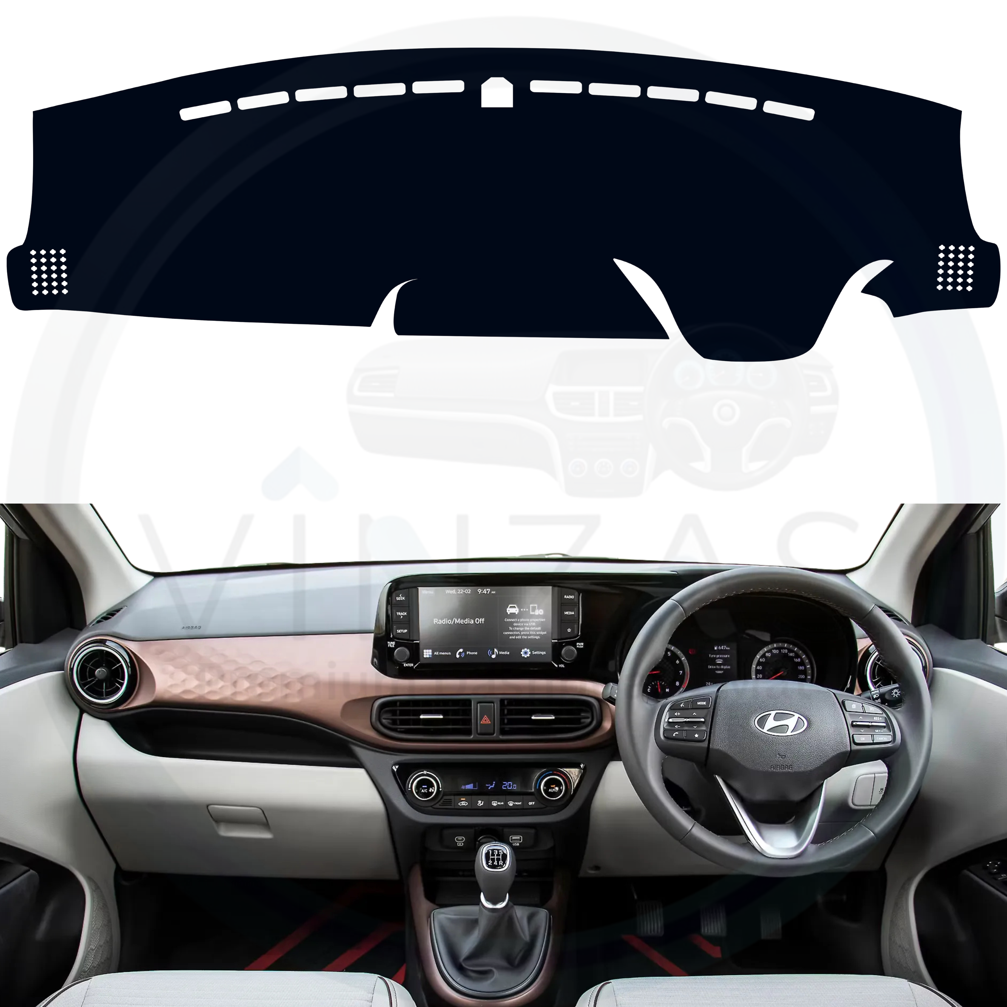 Car dashboard with a black dashboard cover on a white background