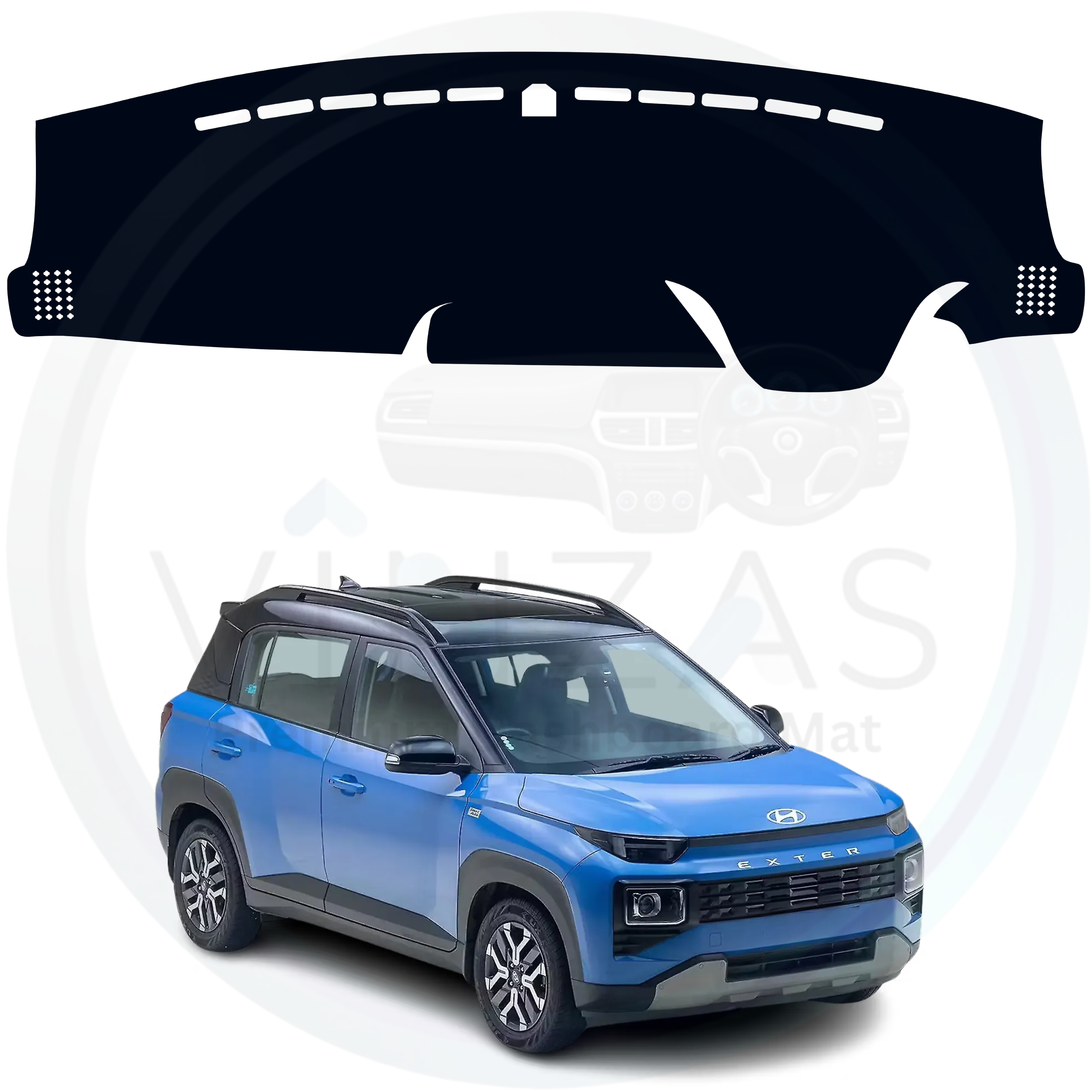 Car dashboard cover with a blue SUV in the background