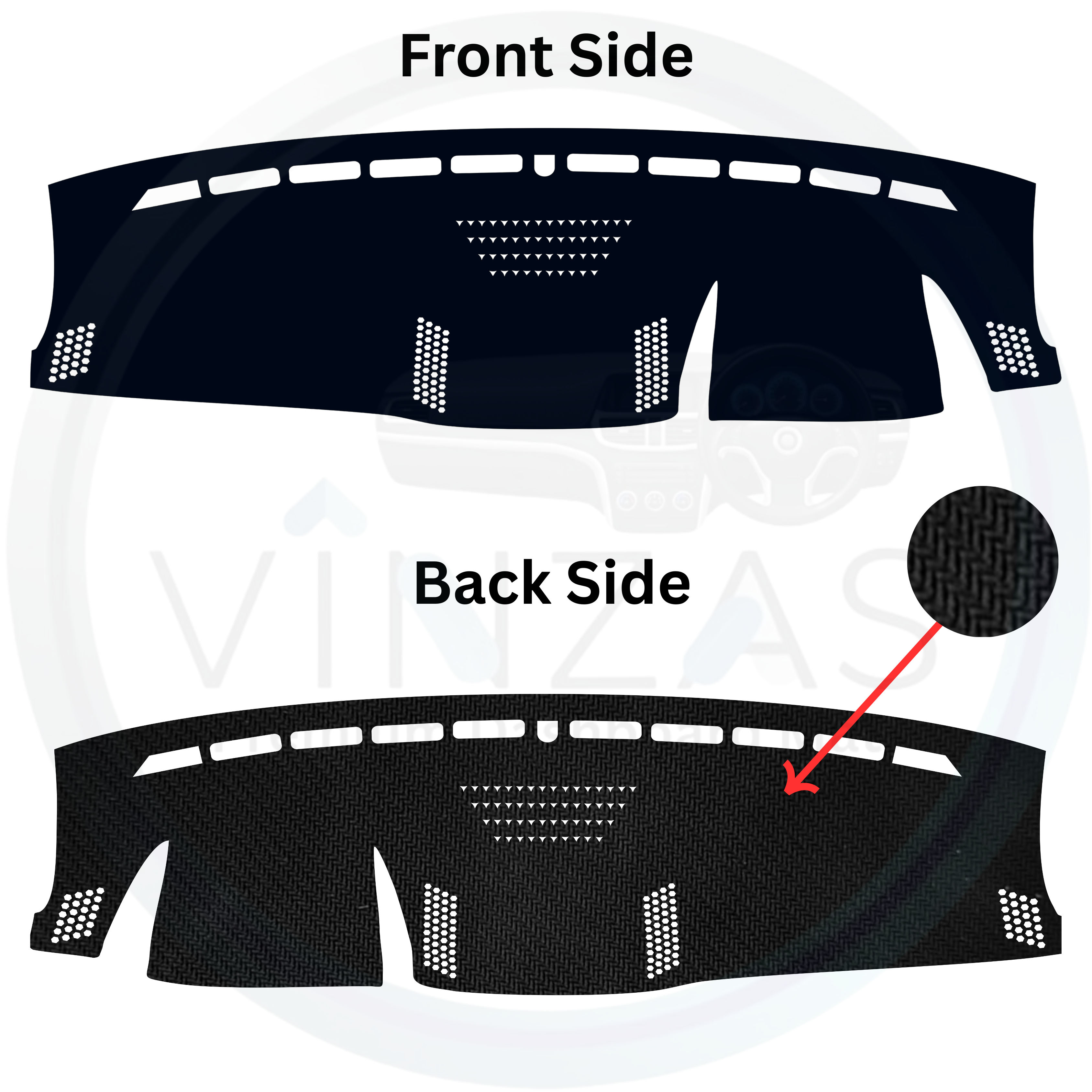 Car dashboard cover showing front and back sides with a focus on the adhesive side.