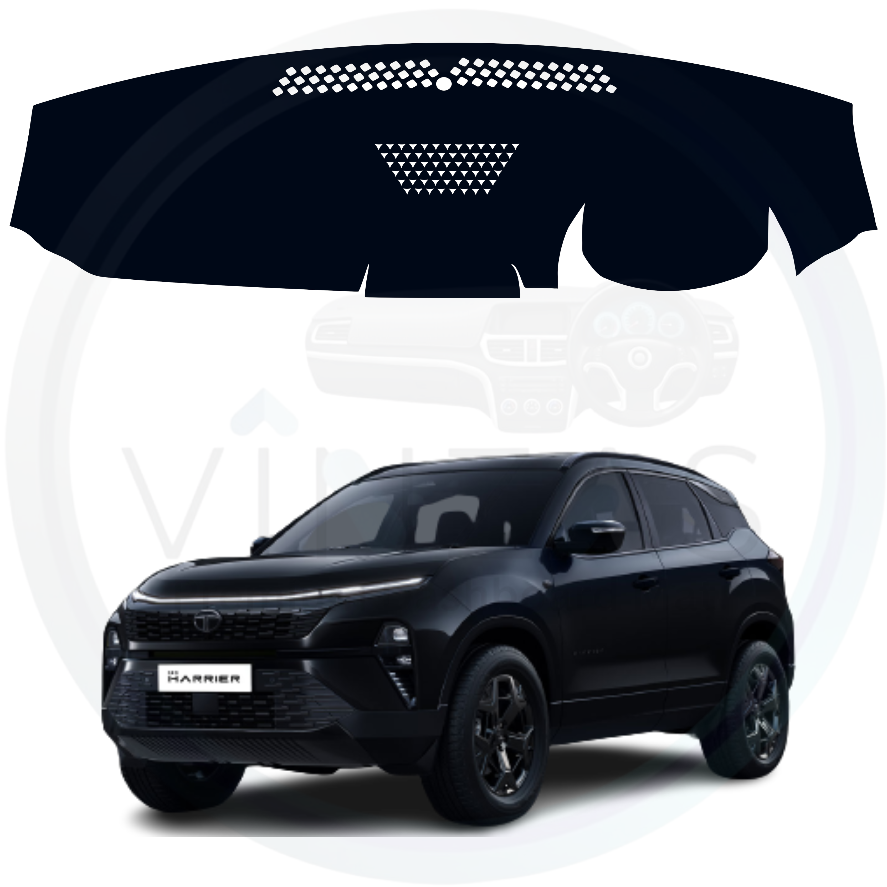 Black car dashboard cover with a black SUV in the background