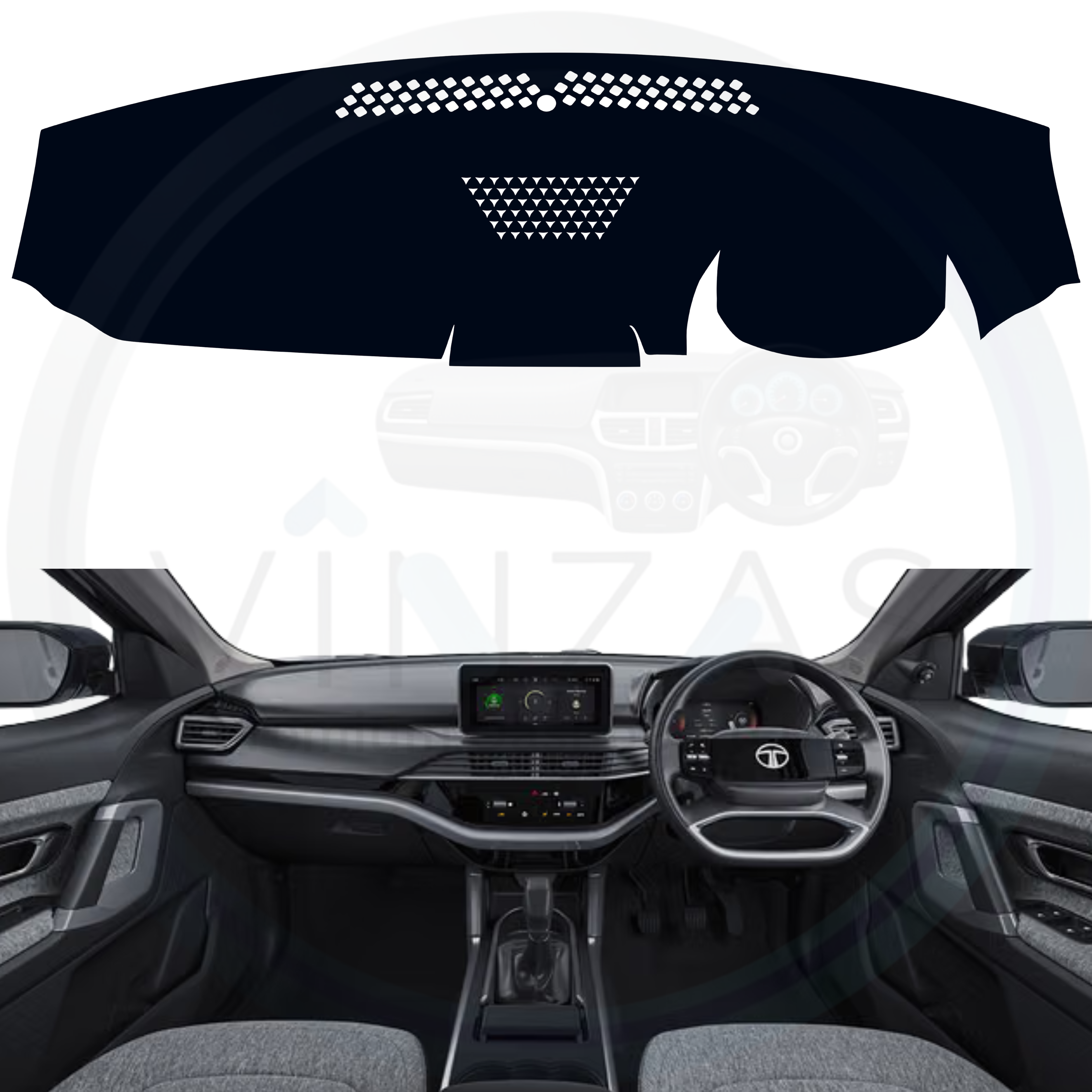 Car interior with a black dashboard cover on a white background
