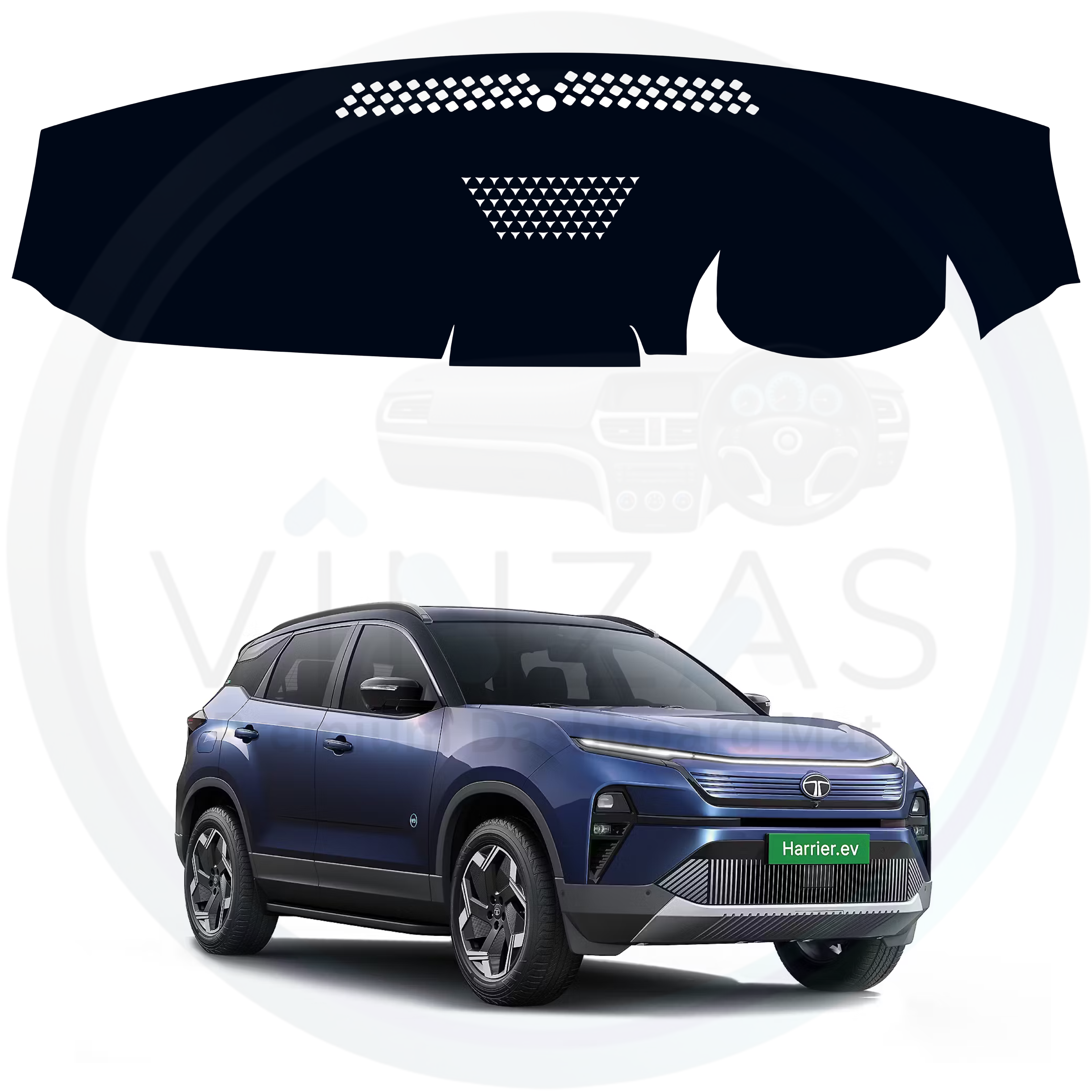 Car dashboard cover with a blue SUV in the background