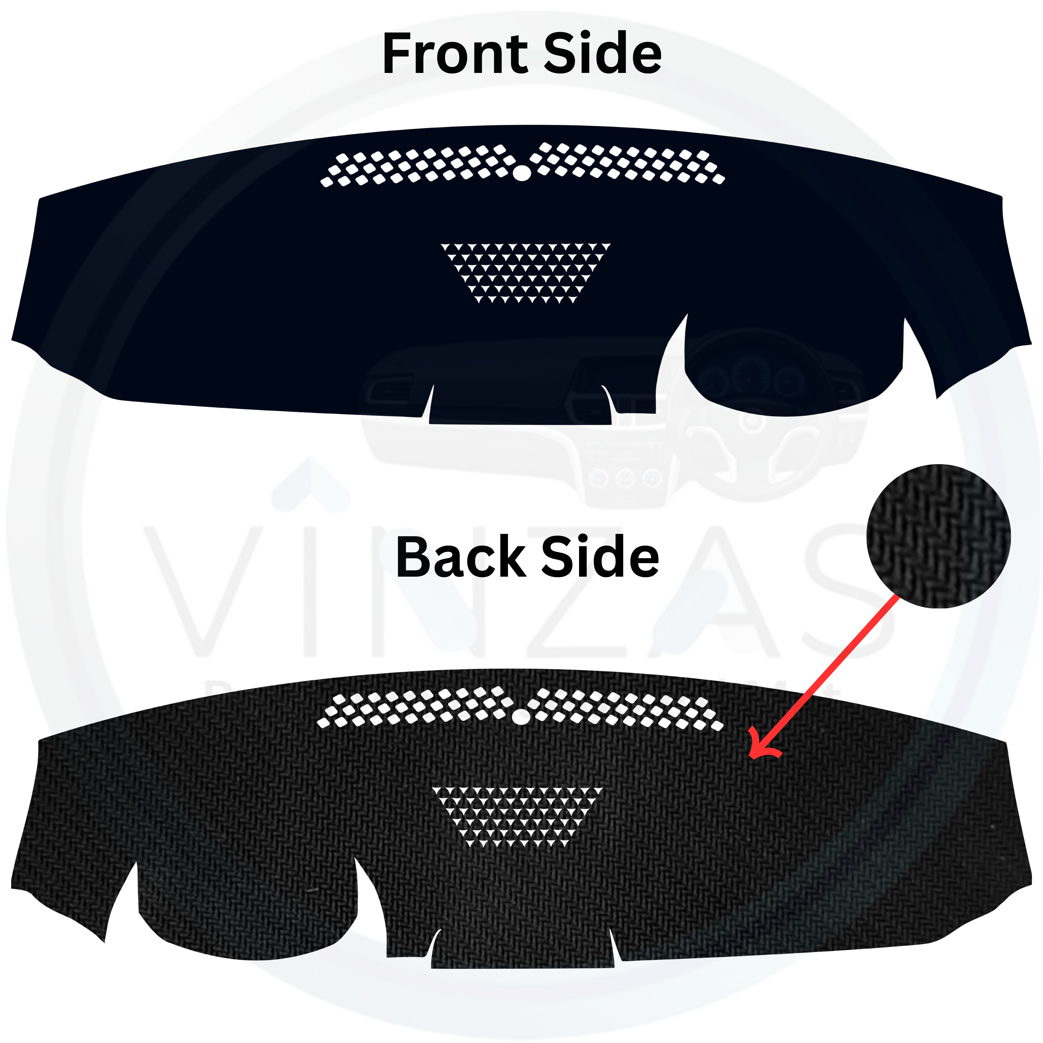Car dashboard cover showing front and back sides with a clear background.