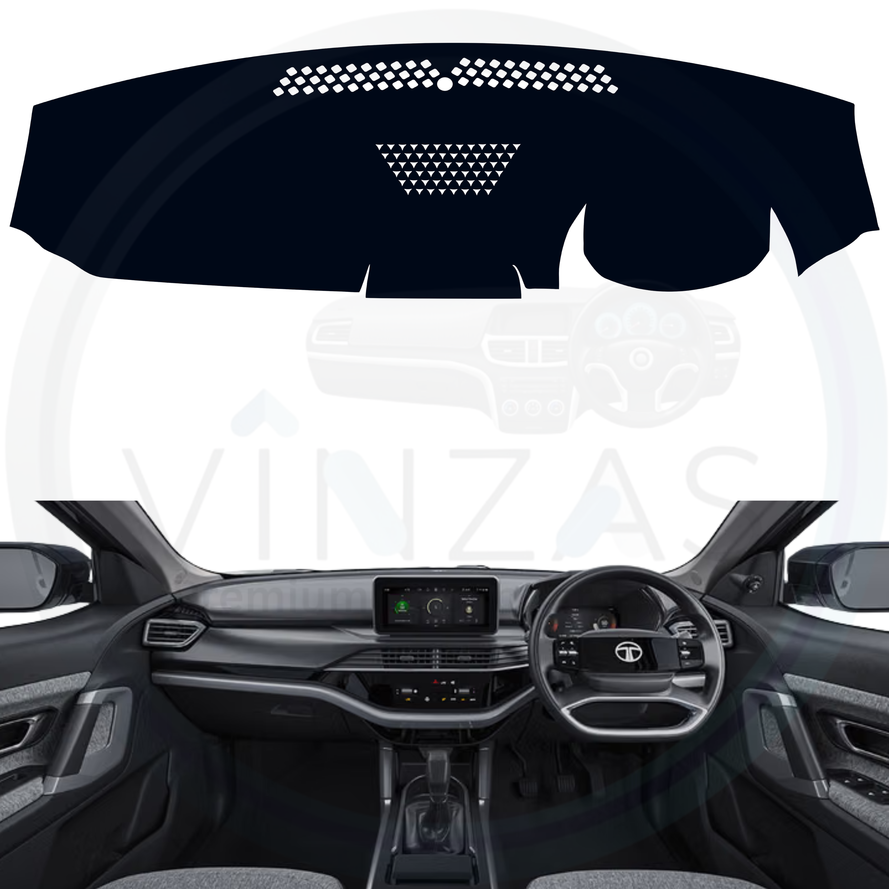 Car interior with a black dashboard cover on a white background