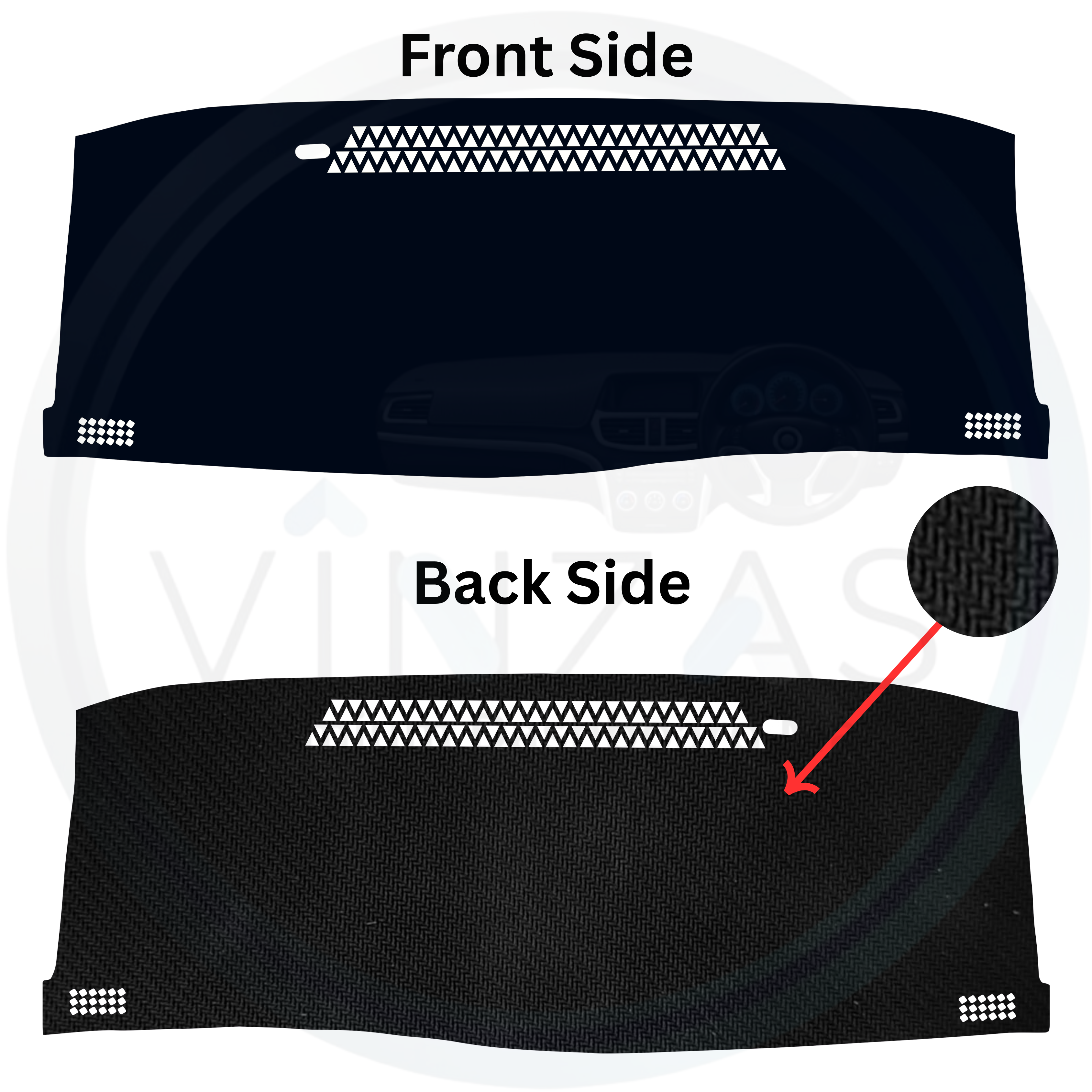 Black car sunshade with front and back side views on a white background