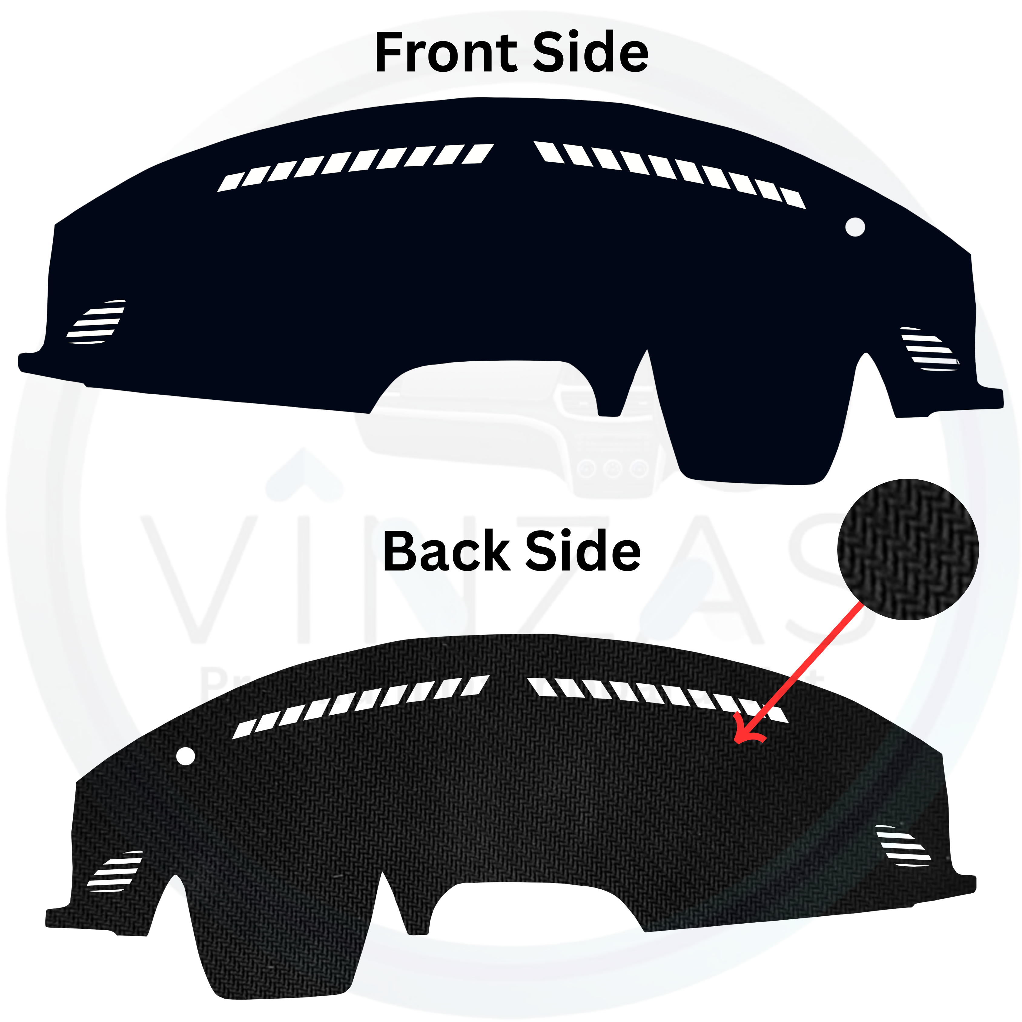 Car dashboard cover with front and back side views on a white background