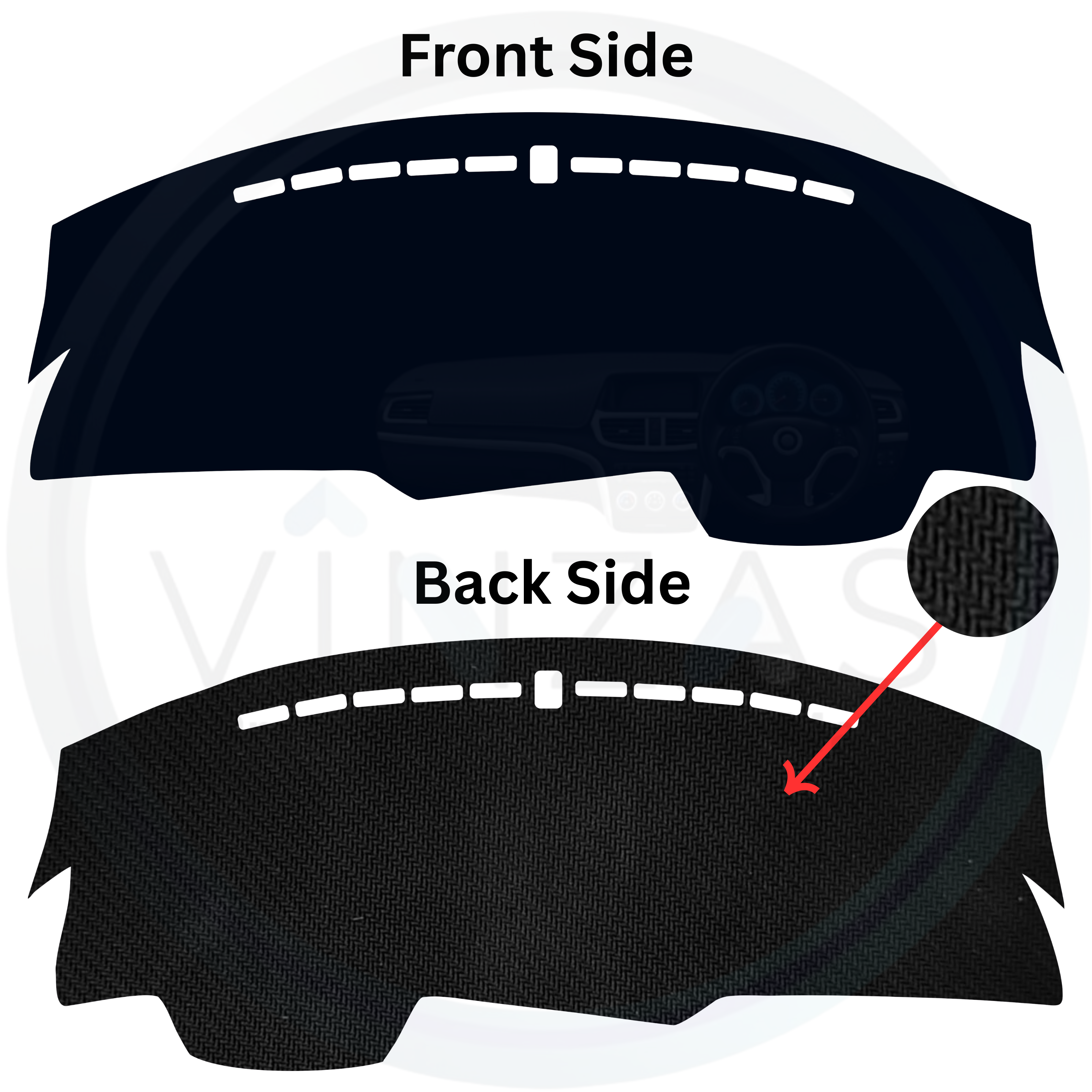 Car dashboard cover with front and back side views on a white background