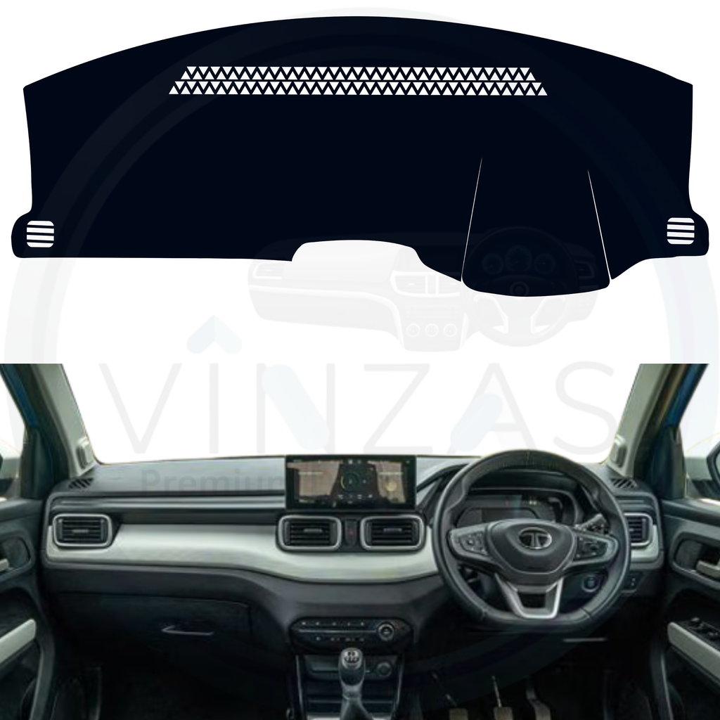 Car dashboard cover with a white brand logo on a white background