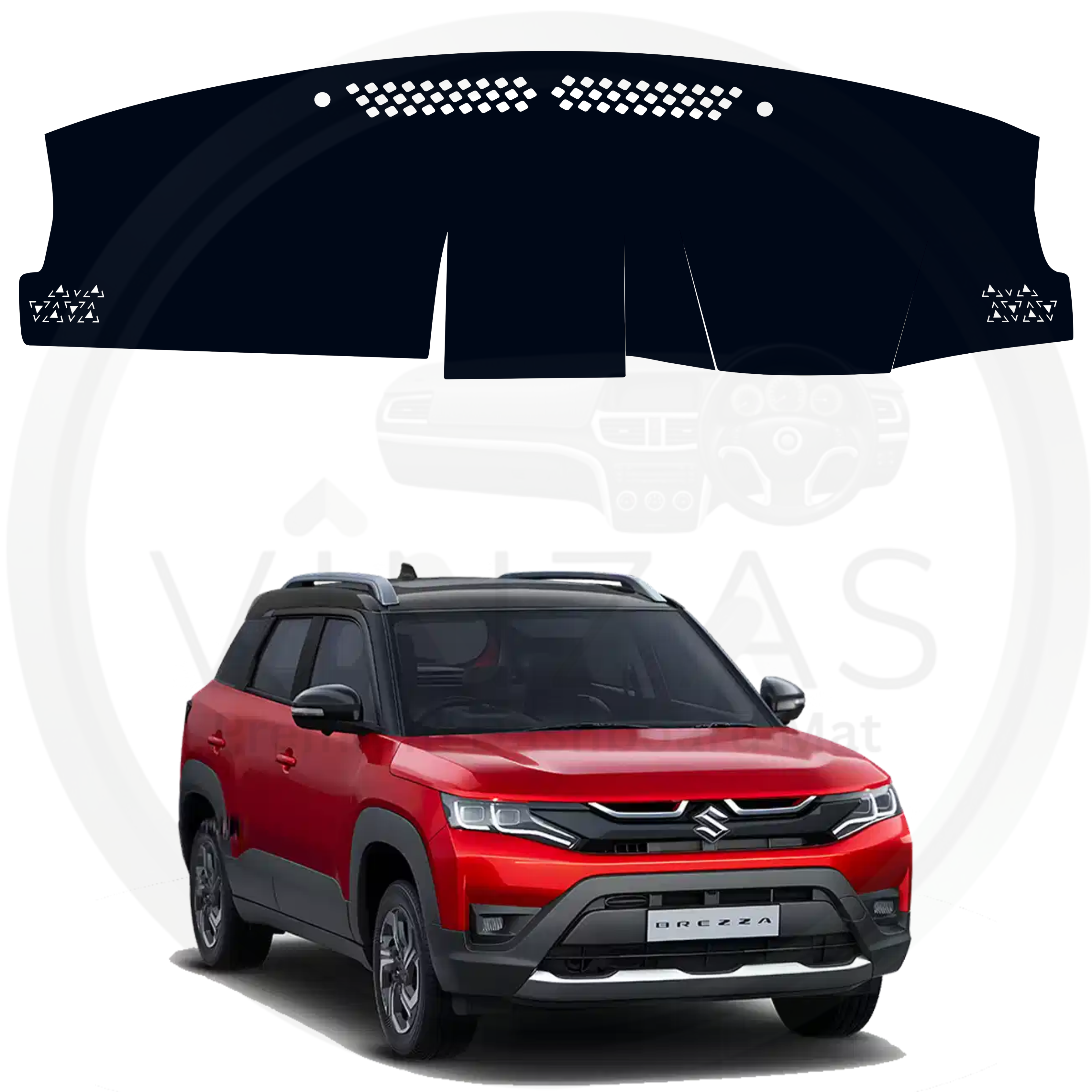 Red SUV with a black car dashboard cover on a white background