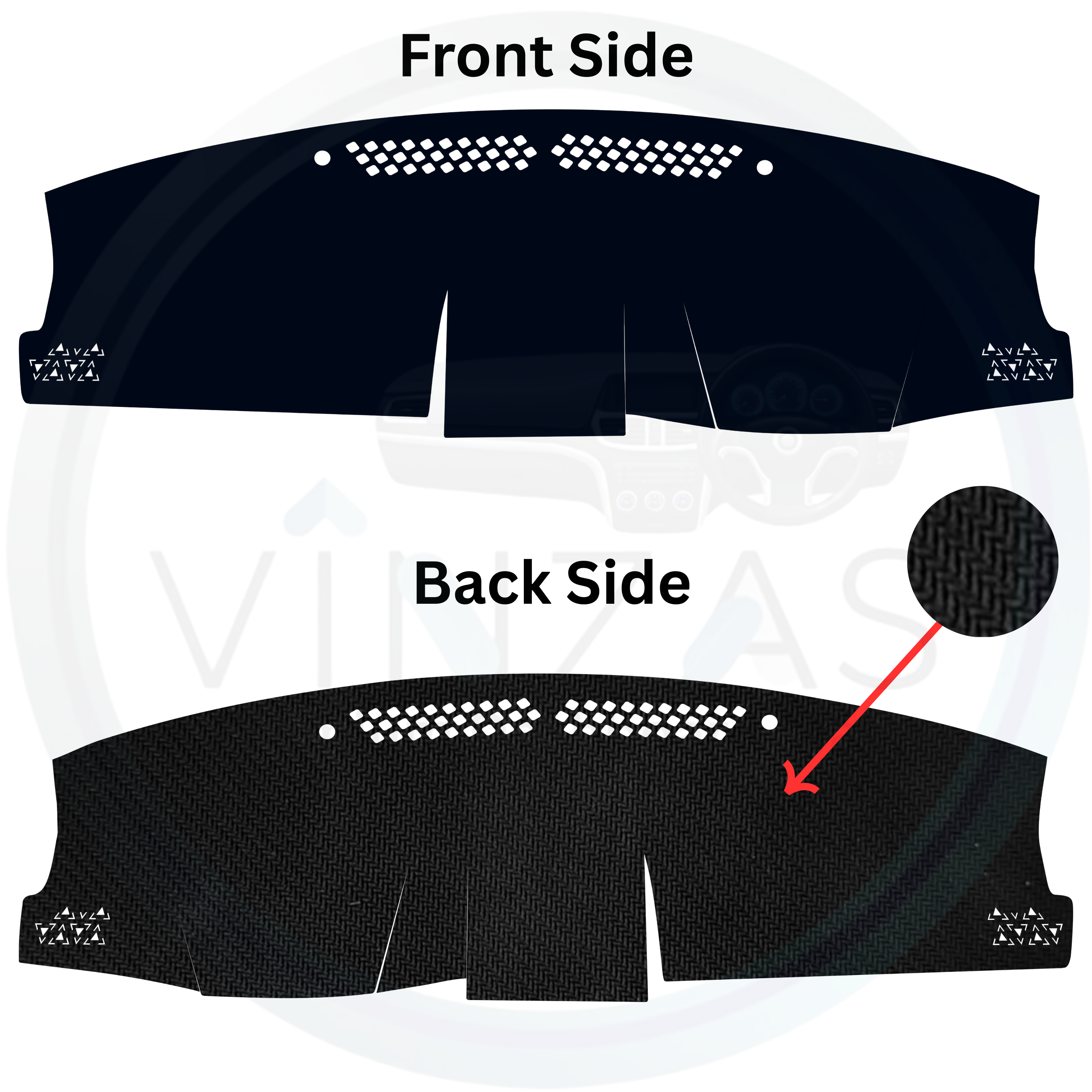 Car dashboard cover with front and back side views on a white background