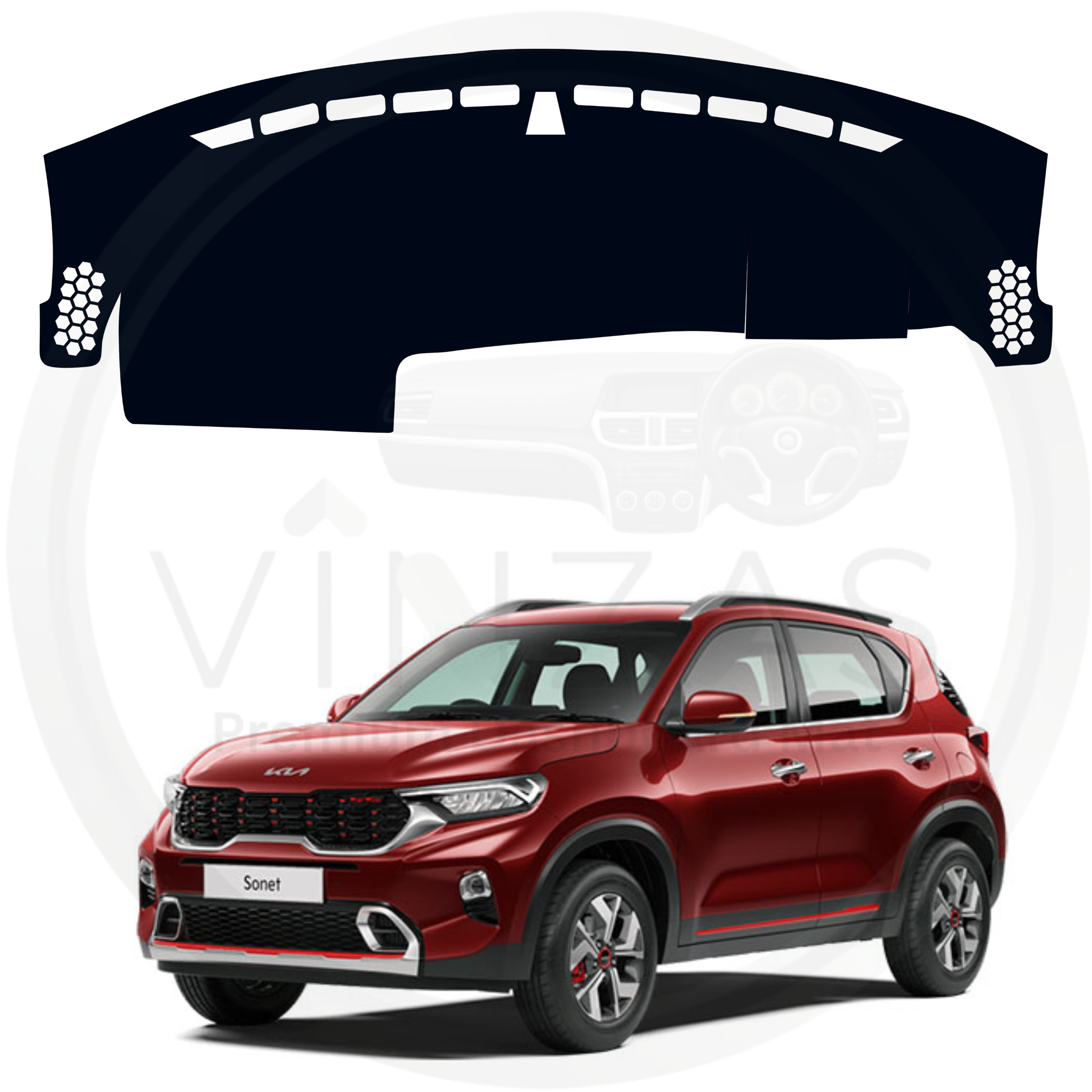 Car dashboard cover with a red SUV in the background