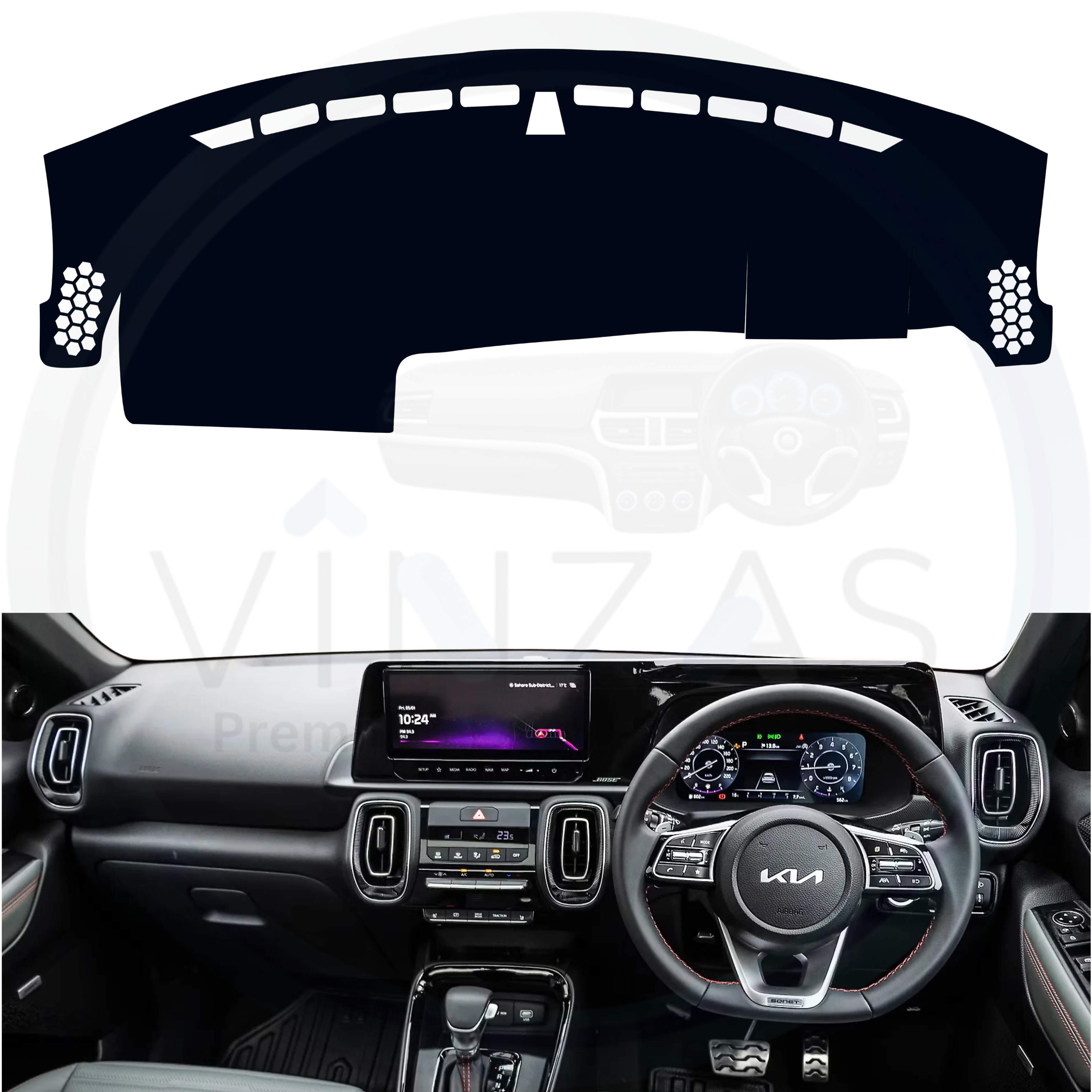 Car dashboard with steering wheel and infotainment system on a white background