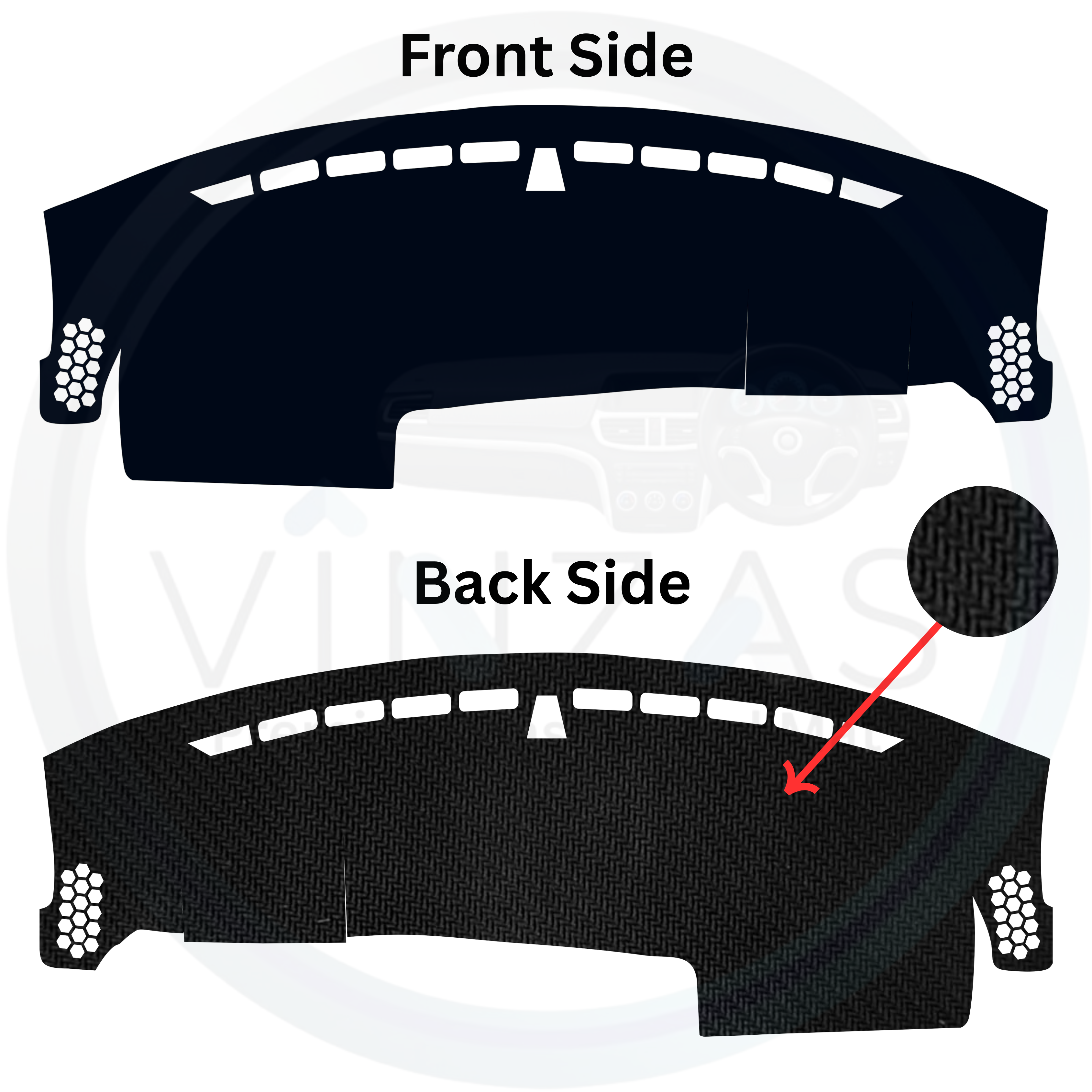 Diagram showing front and back sides of a car dashboard cover with adhesive strips.