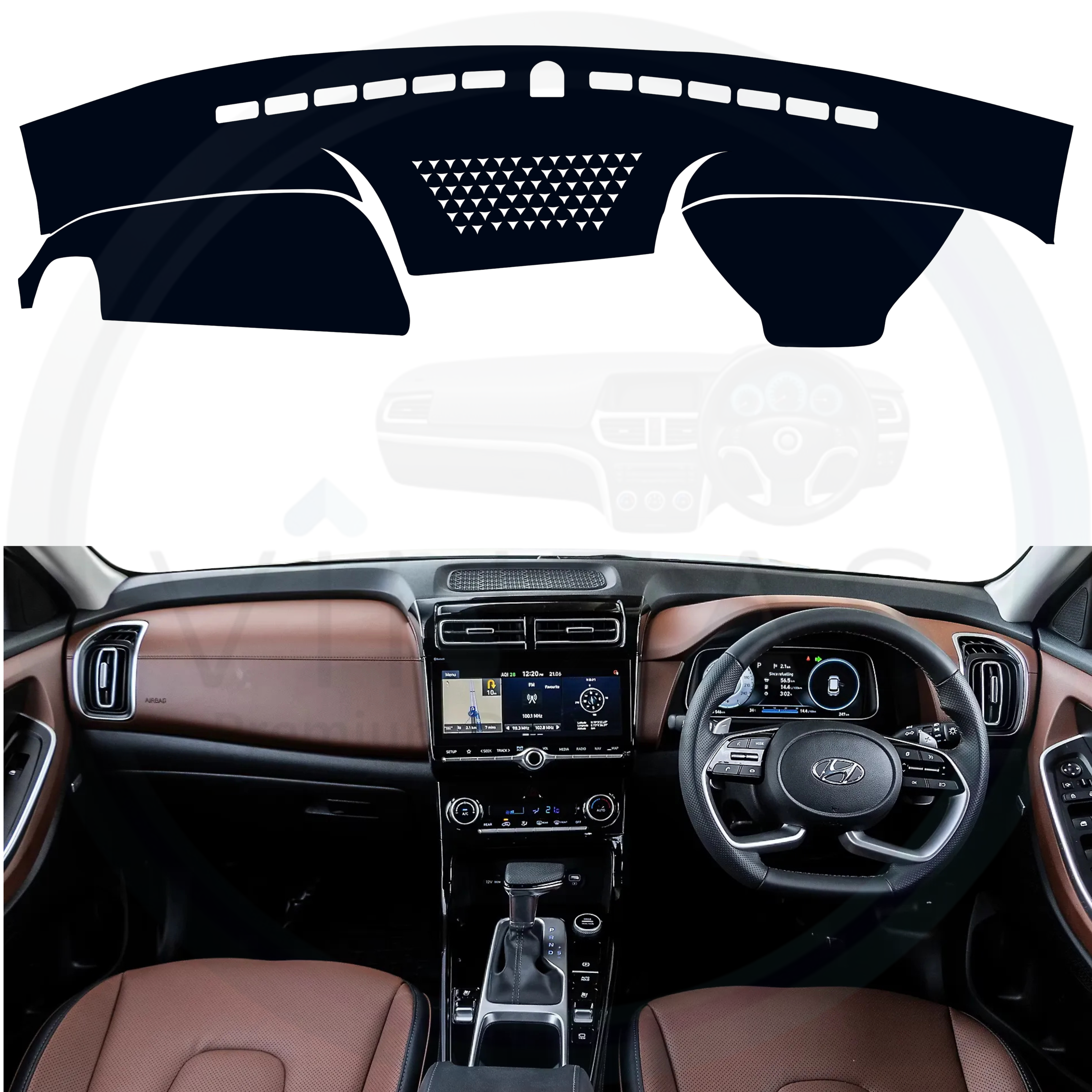 Car interior dashboard with a black mat cover on a white background