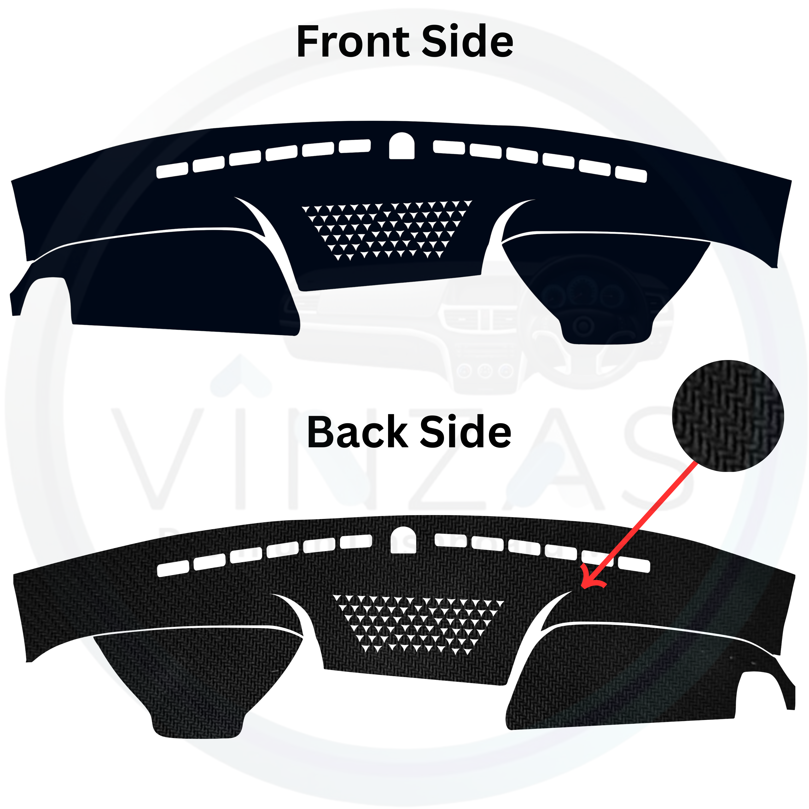 Car dashboard cover with front and back side views on a white background