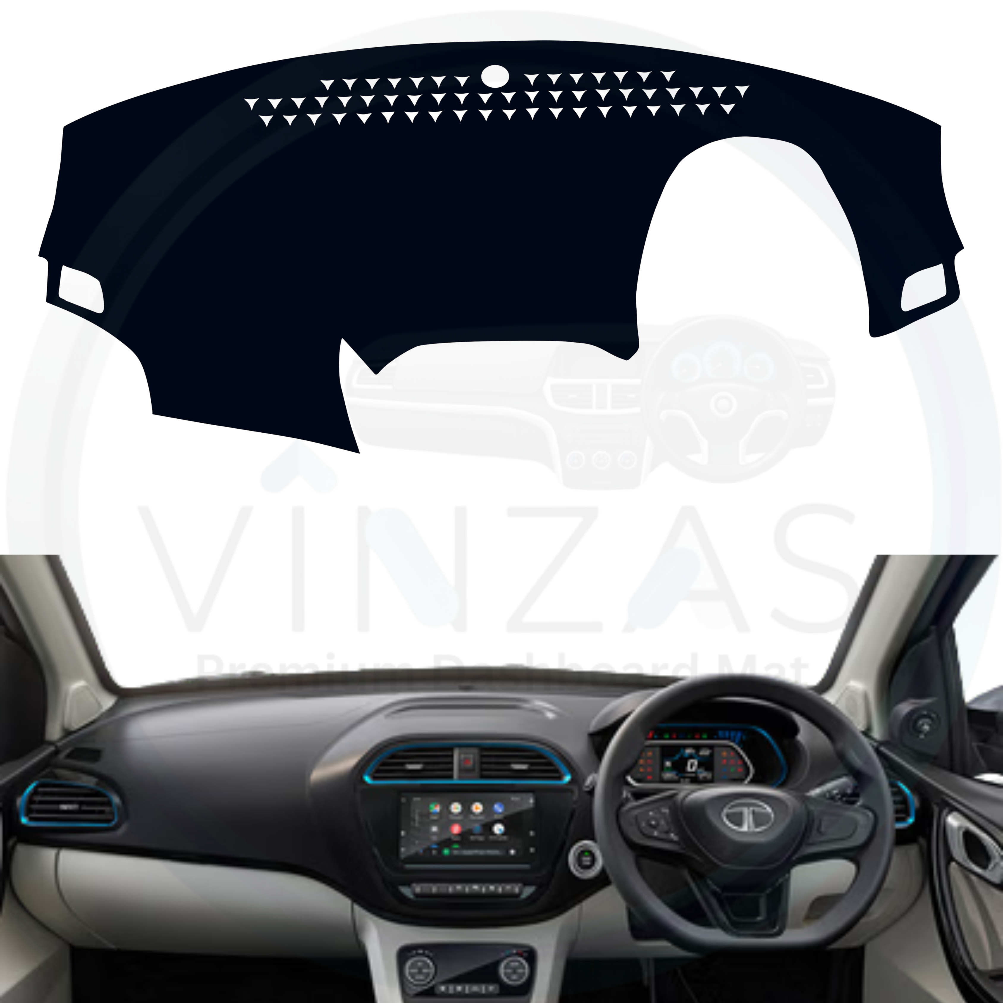 Car dashboard with a black cover and visible Tata logo.