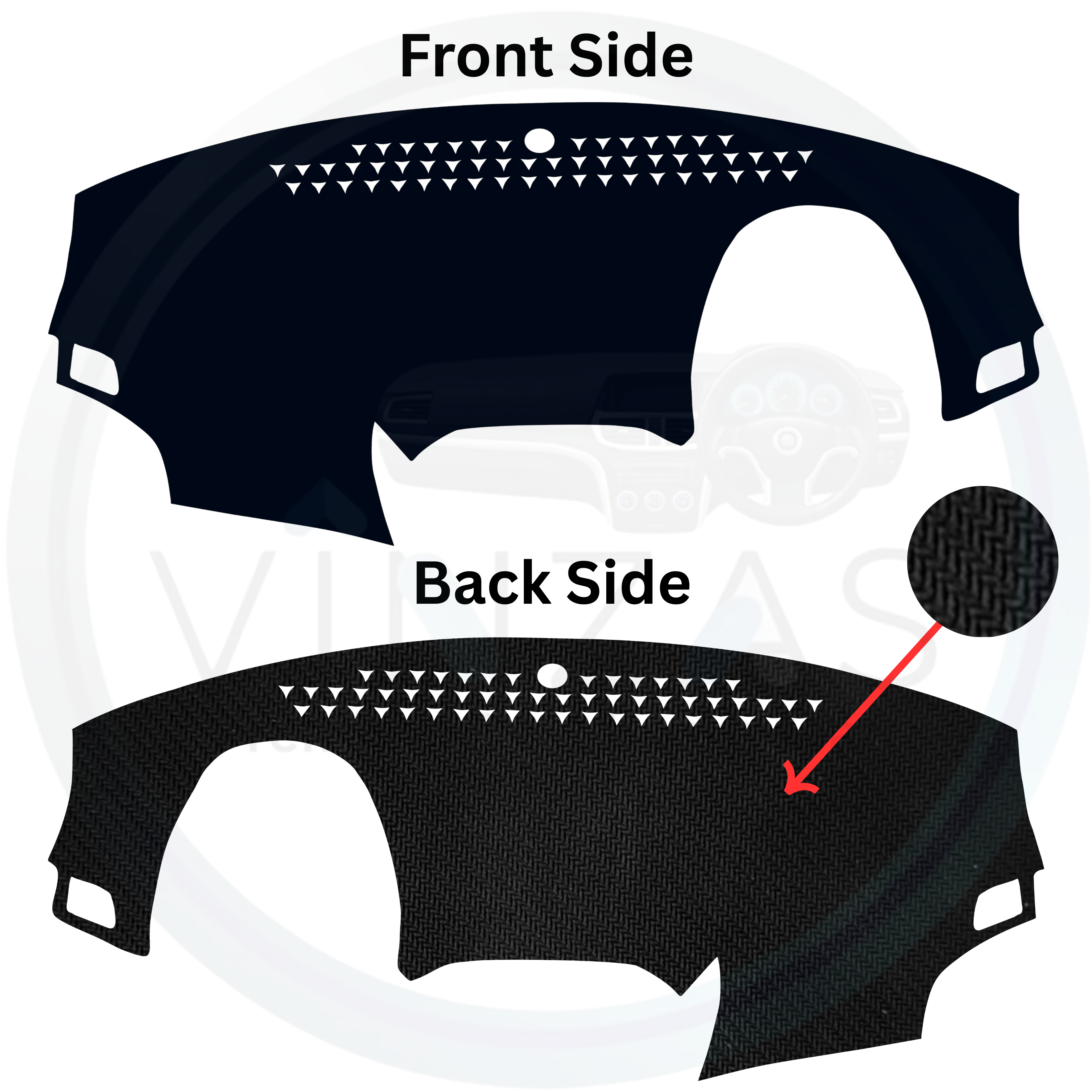 Car dashboard cover with front and back side views on a white background