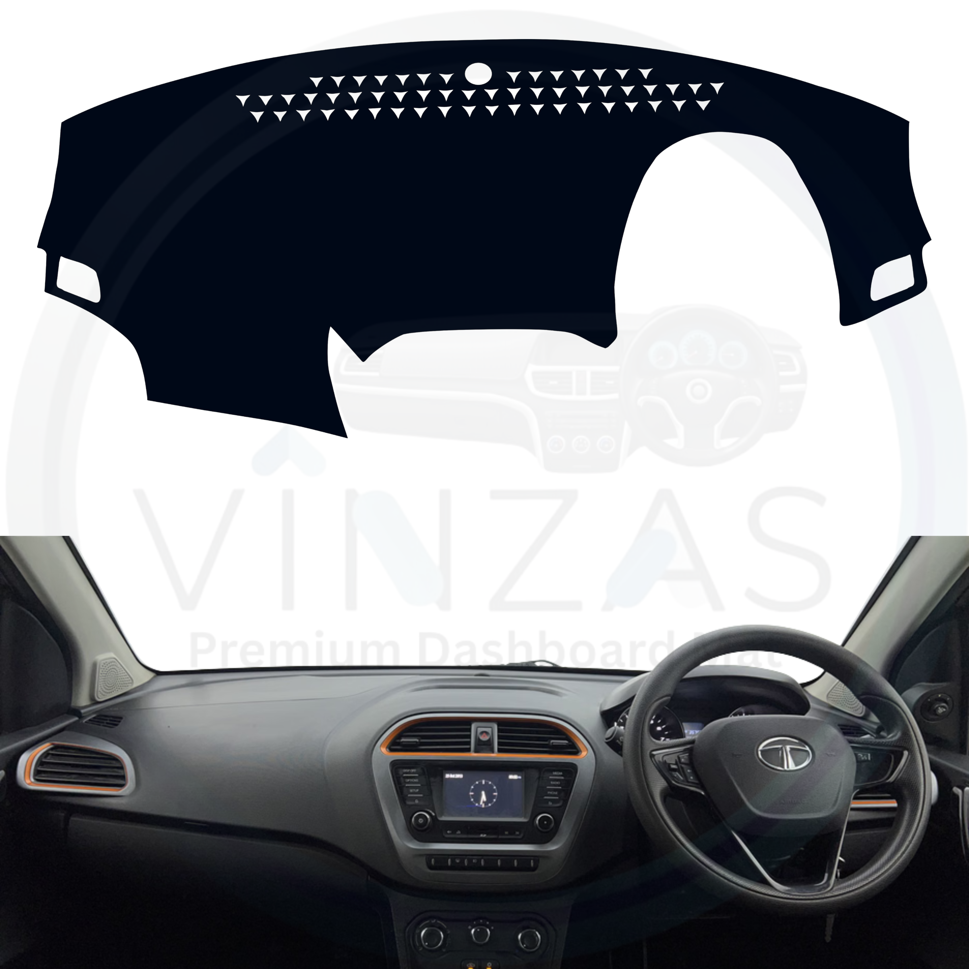 Car dashboard with a black cover and steering wheel, featuring the Tata logo.