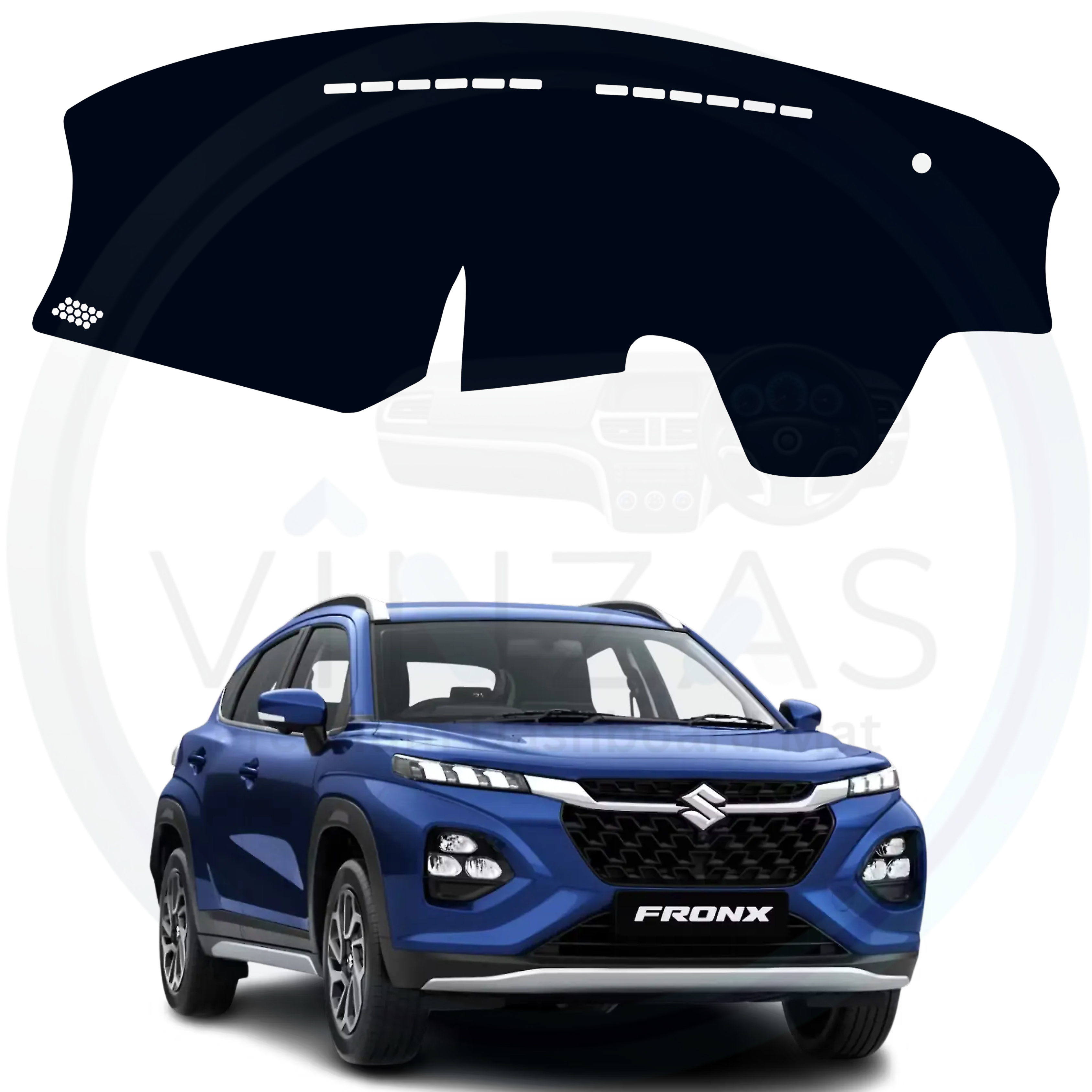 Car dashboard cover with a blue SUV in the background