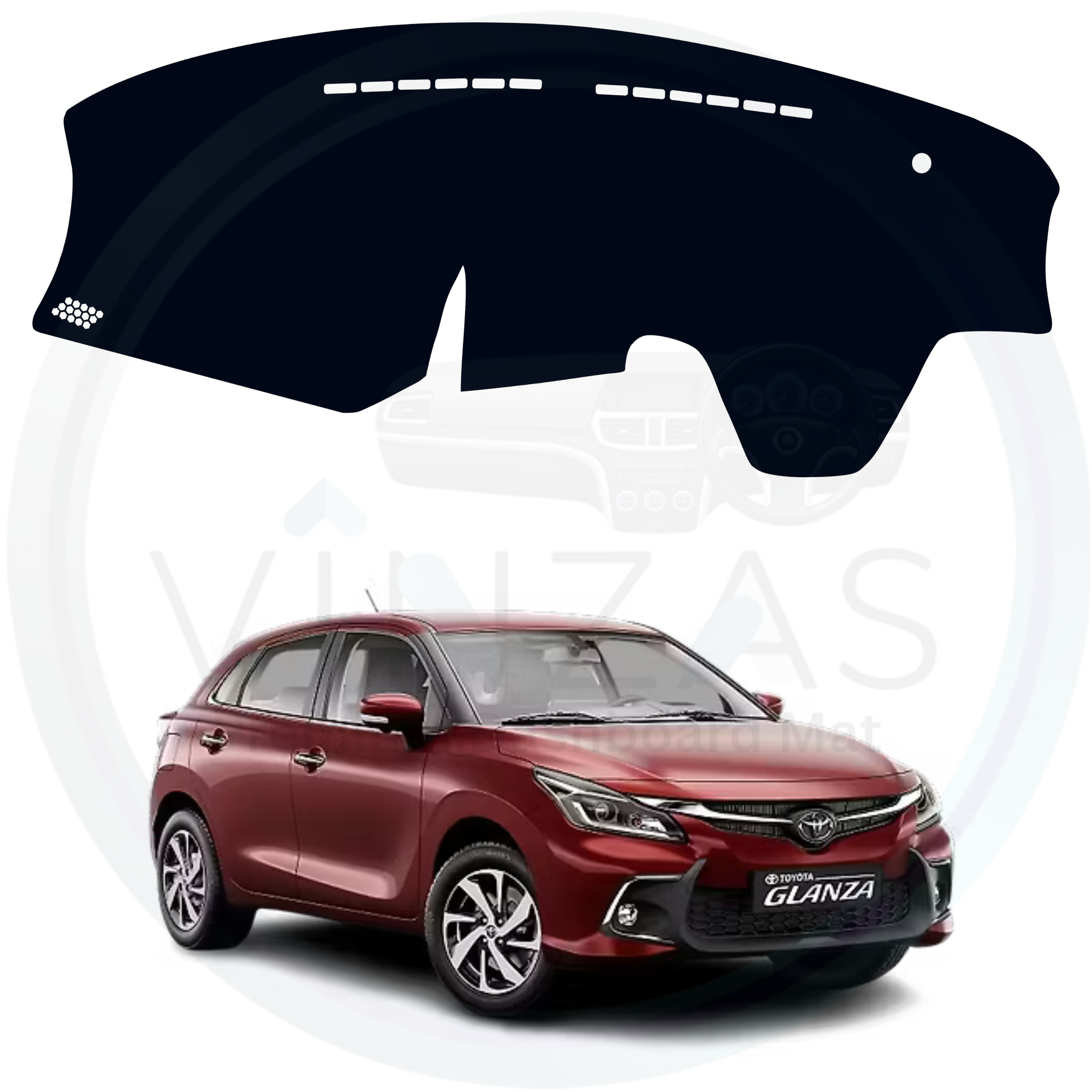 Car dashboard cover with Toyota Glanza car in the background