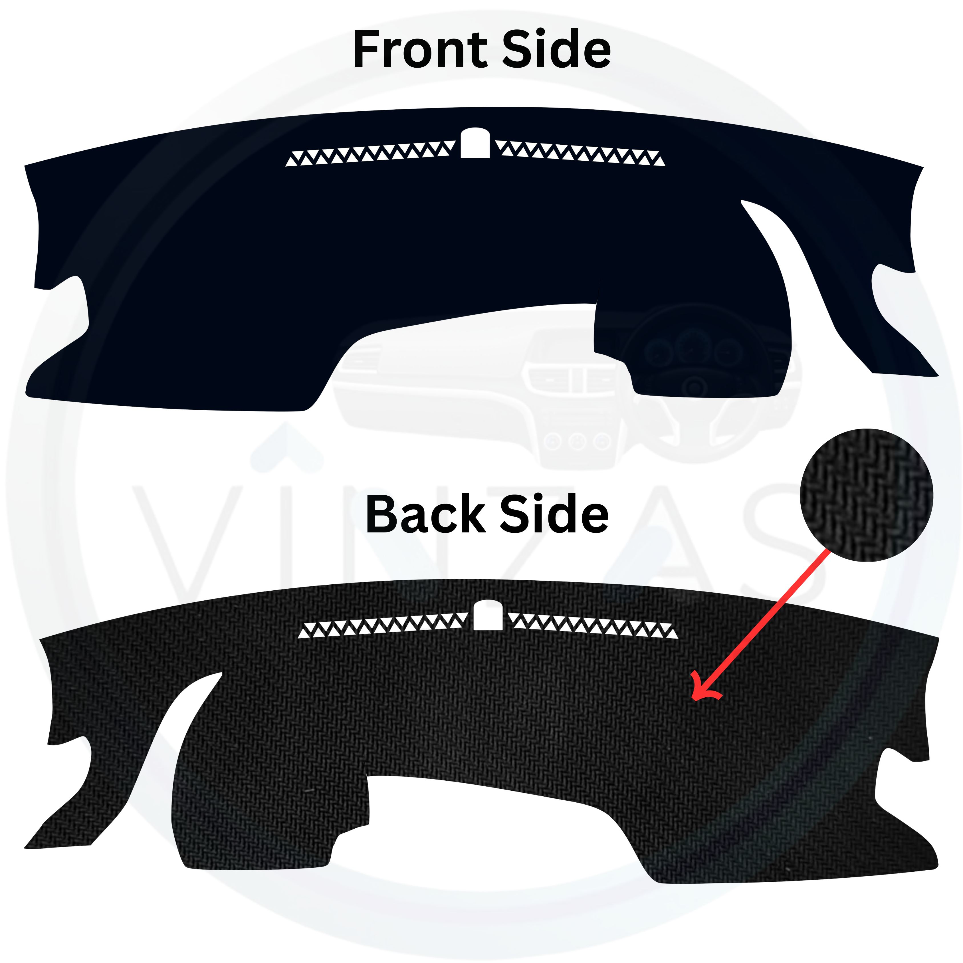 Car dashboard cover with front and back side views on a white background