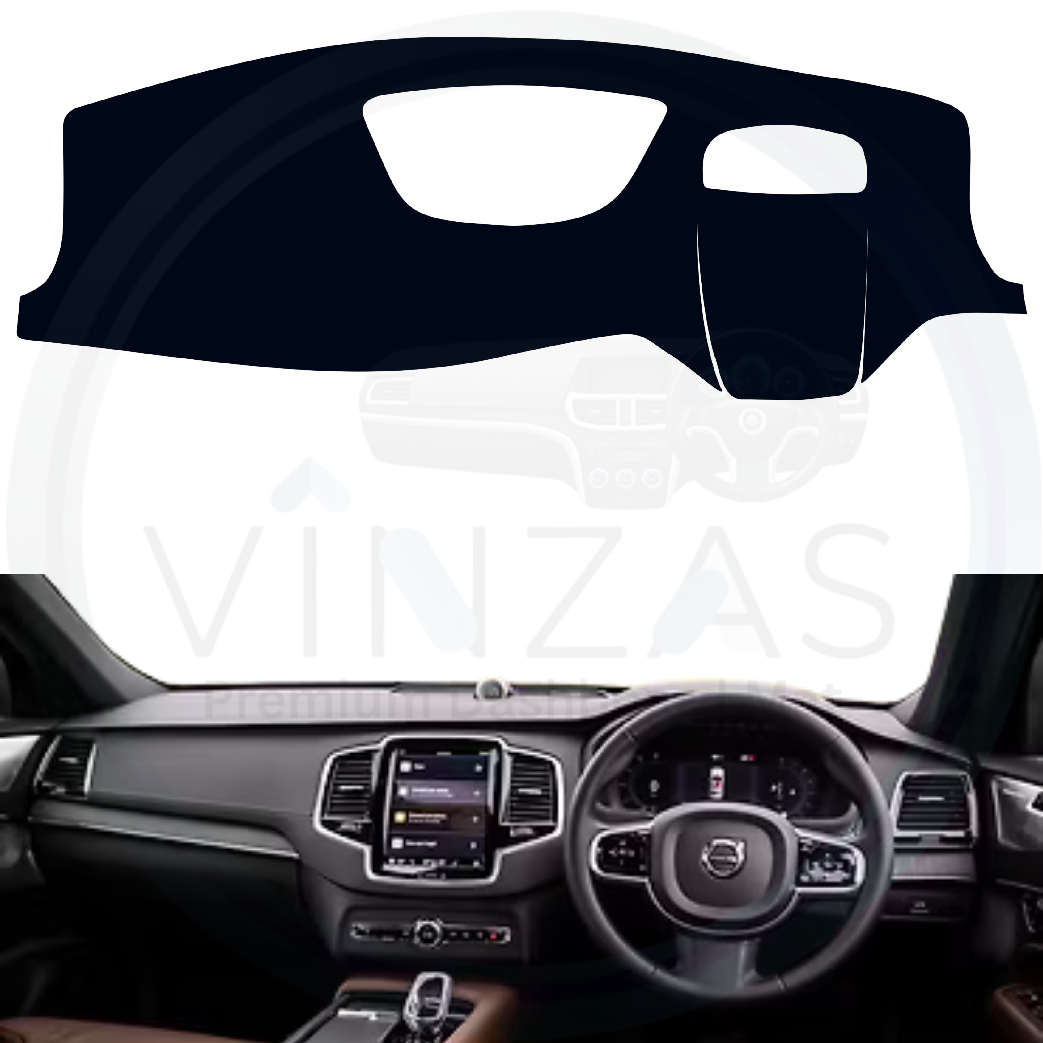 Car dashboard with a sunshade and 'VINZAS' branding.