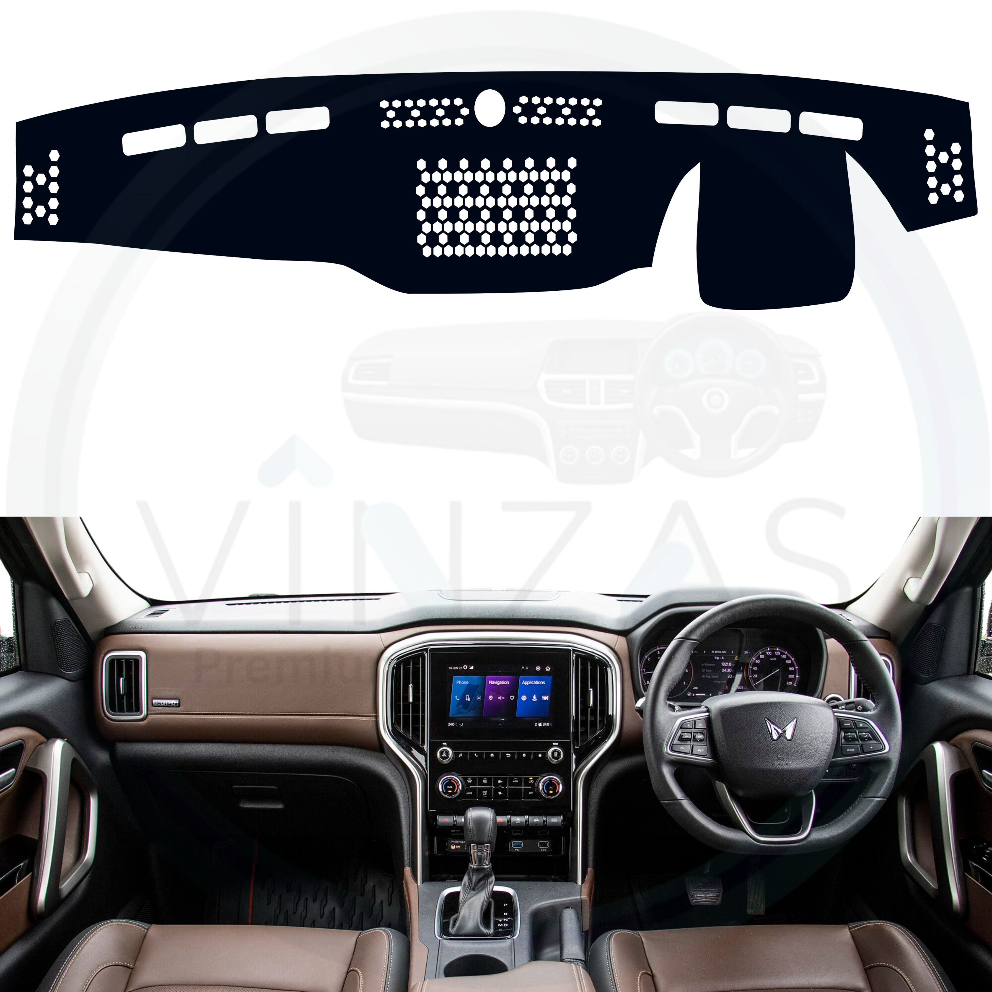 Car dashboard with a black dashboard cover featuring digital display.