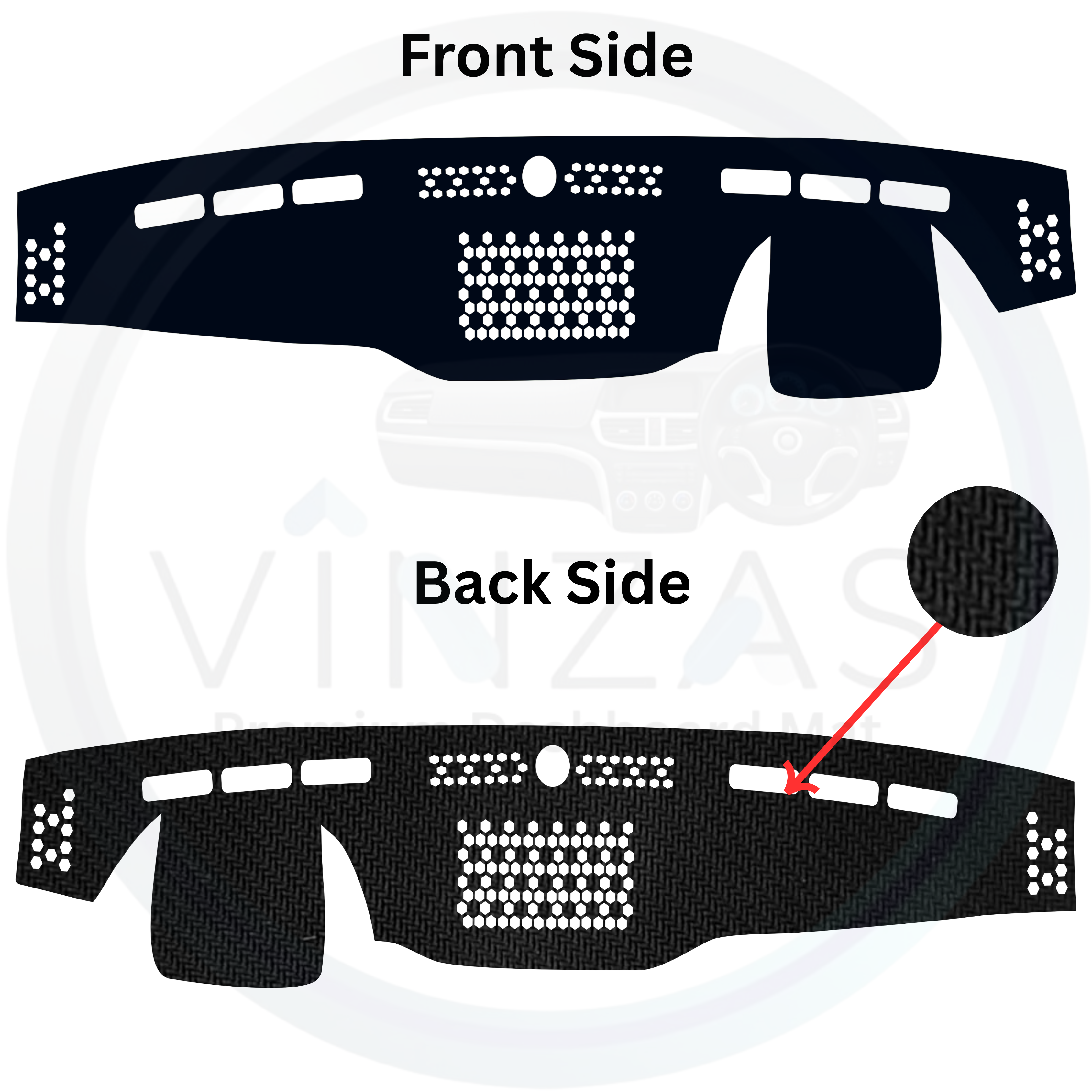 Car dashboard cover with front and back side views on a white background