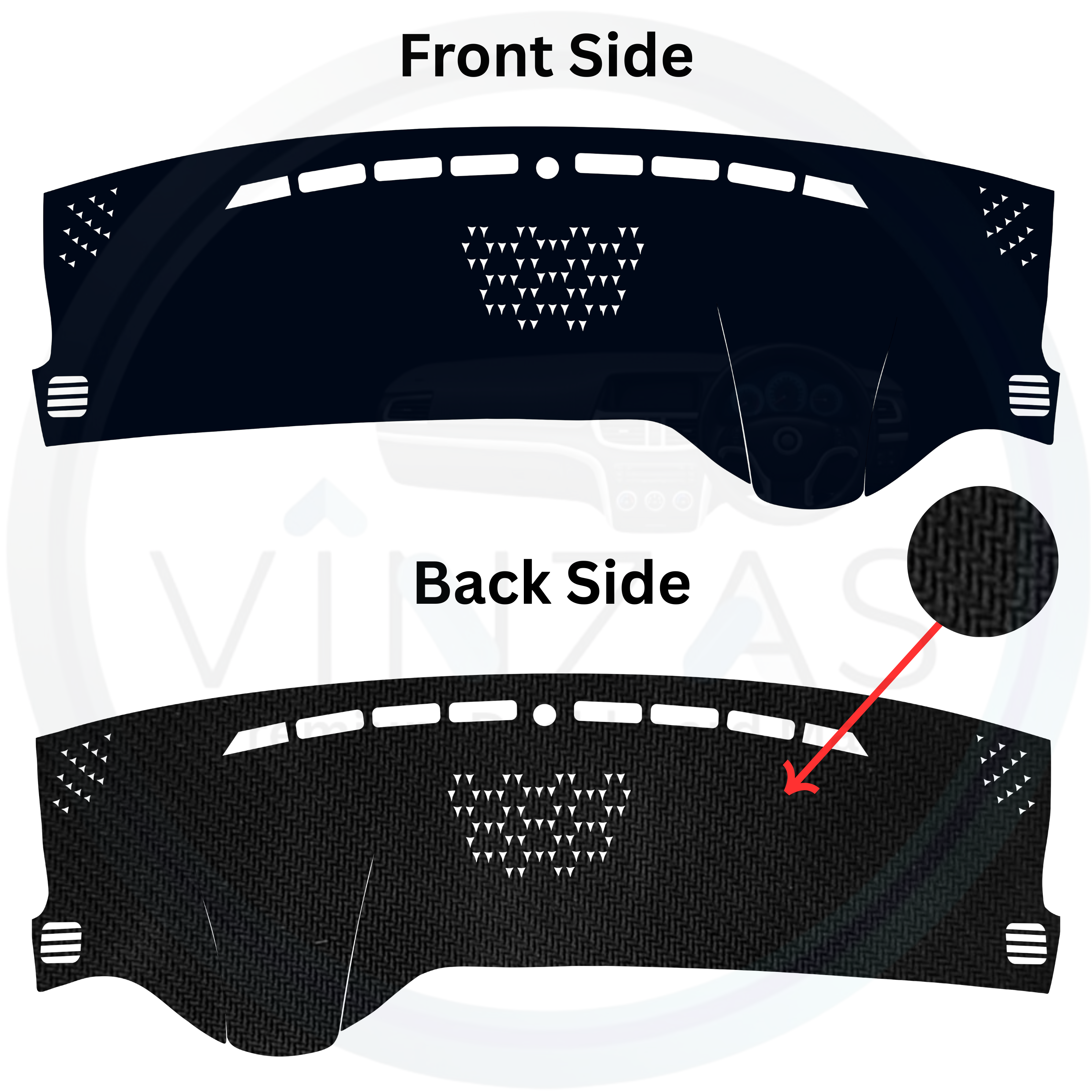 Car dashboard cover showing front and back sides with a red arrow on the back side.