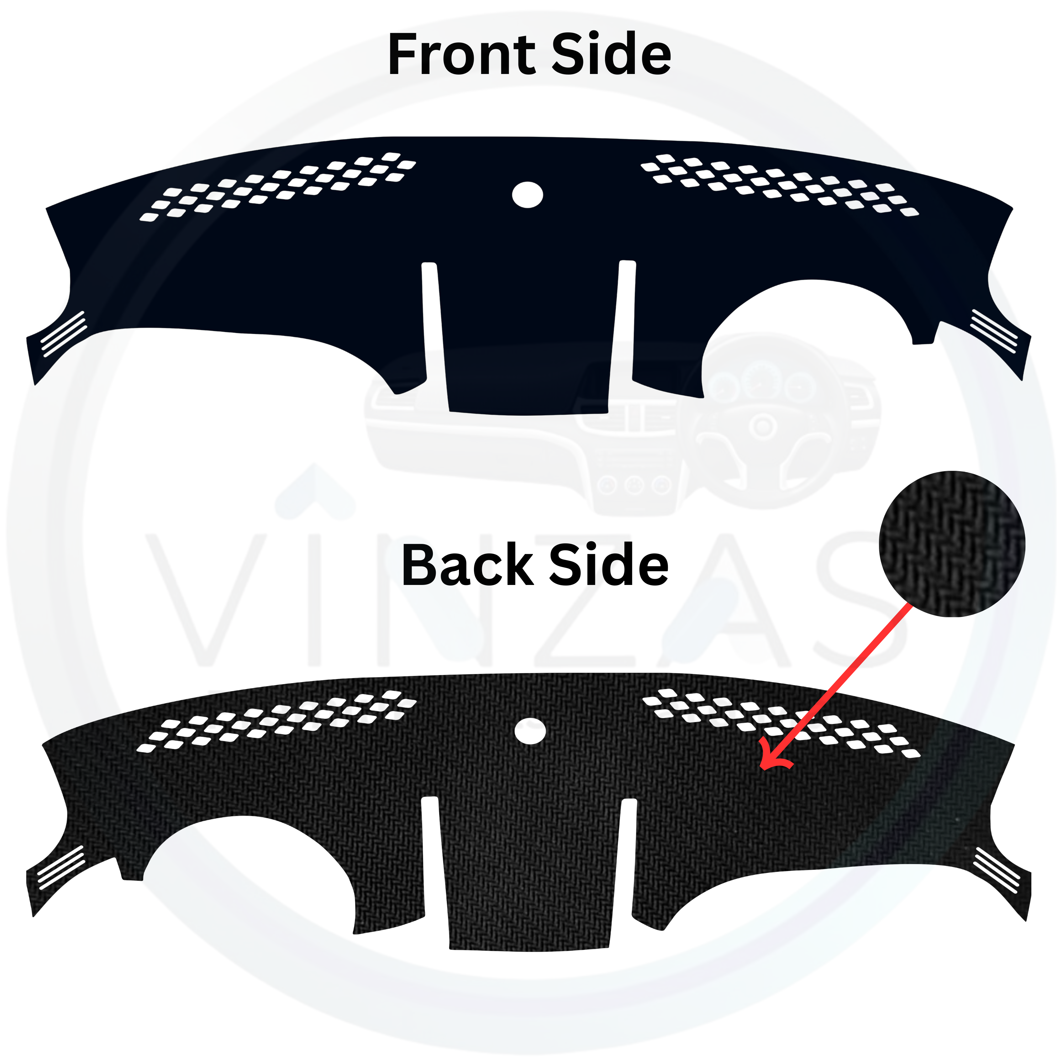 Black dashboard cover with front and back side views on a white background