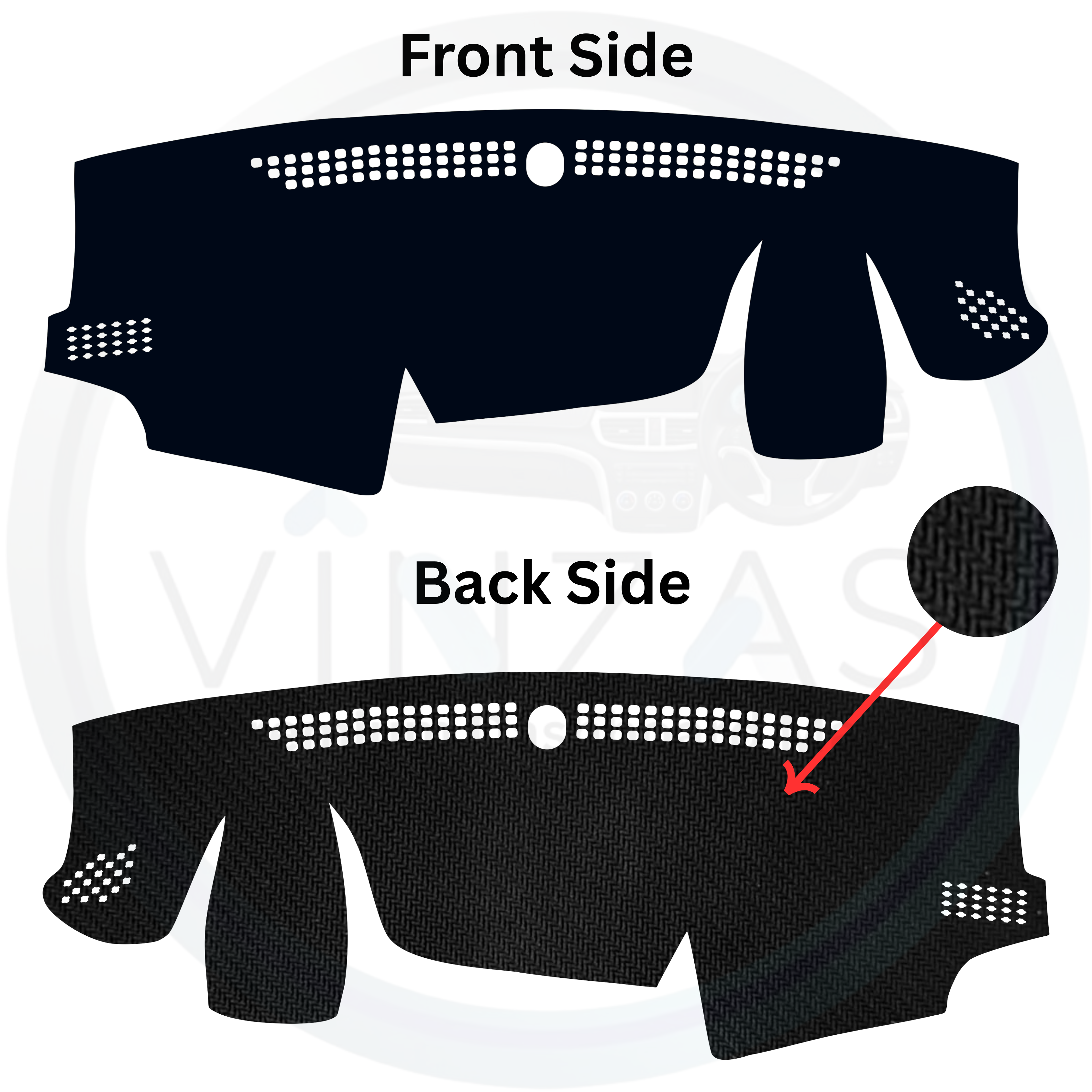 Diagram showing front and back sides of a black car dashboard cover with text labels.