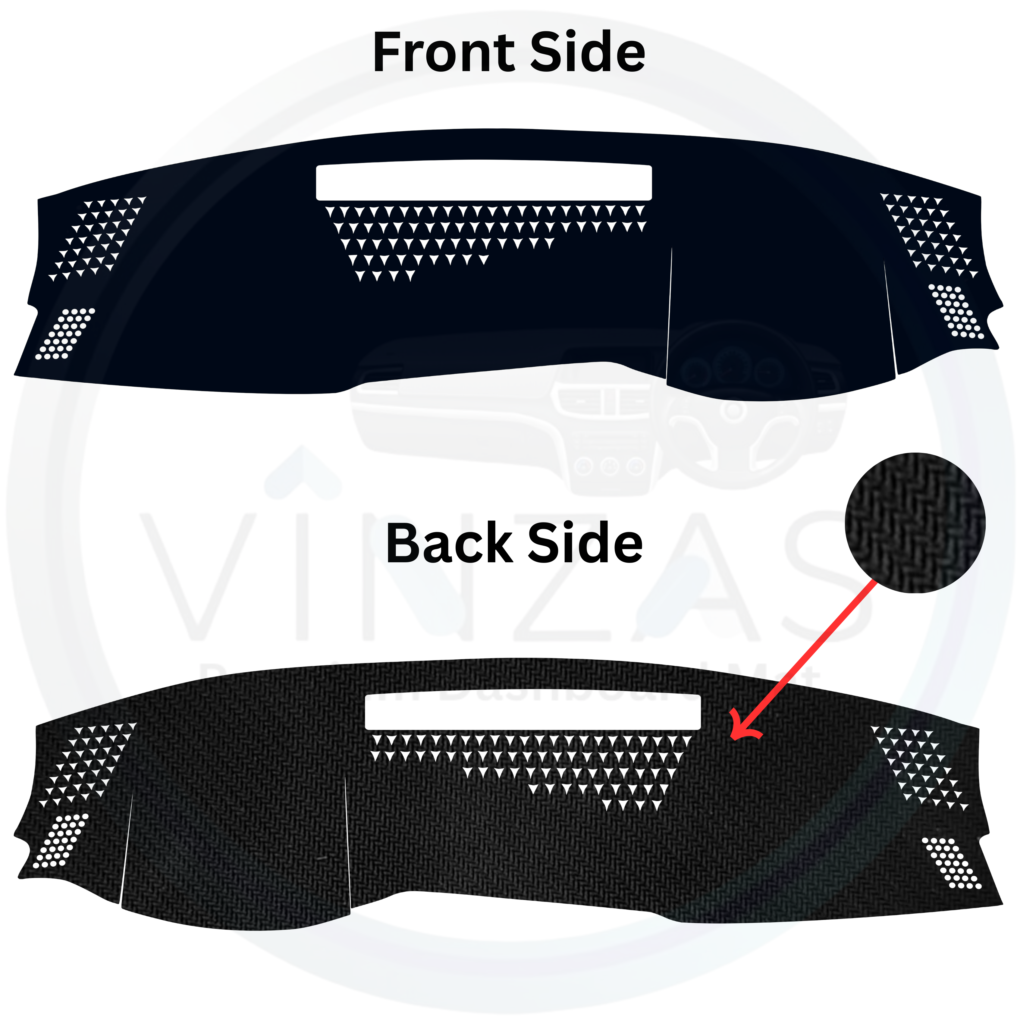 Car dashboard cover showing front and back sides on a white background