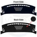 Diagram showing front and back sides of a black dashboard cover with adhesive backing.