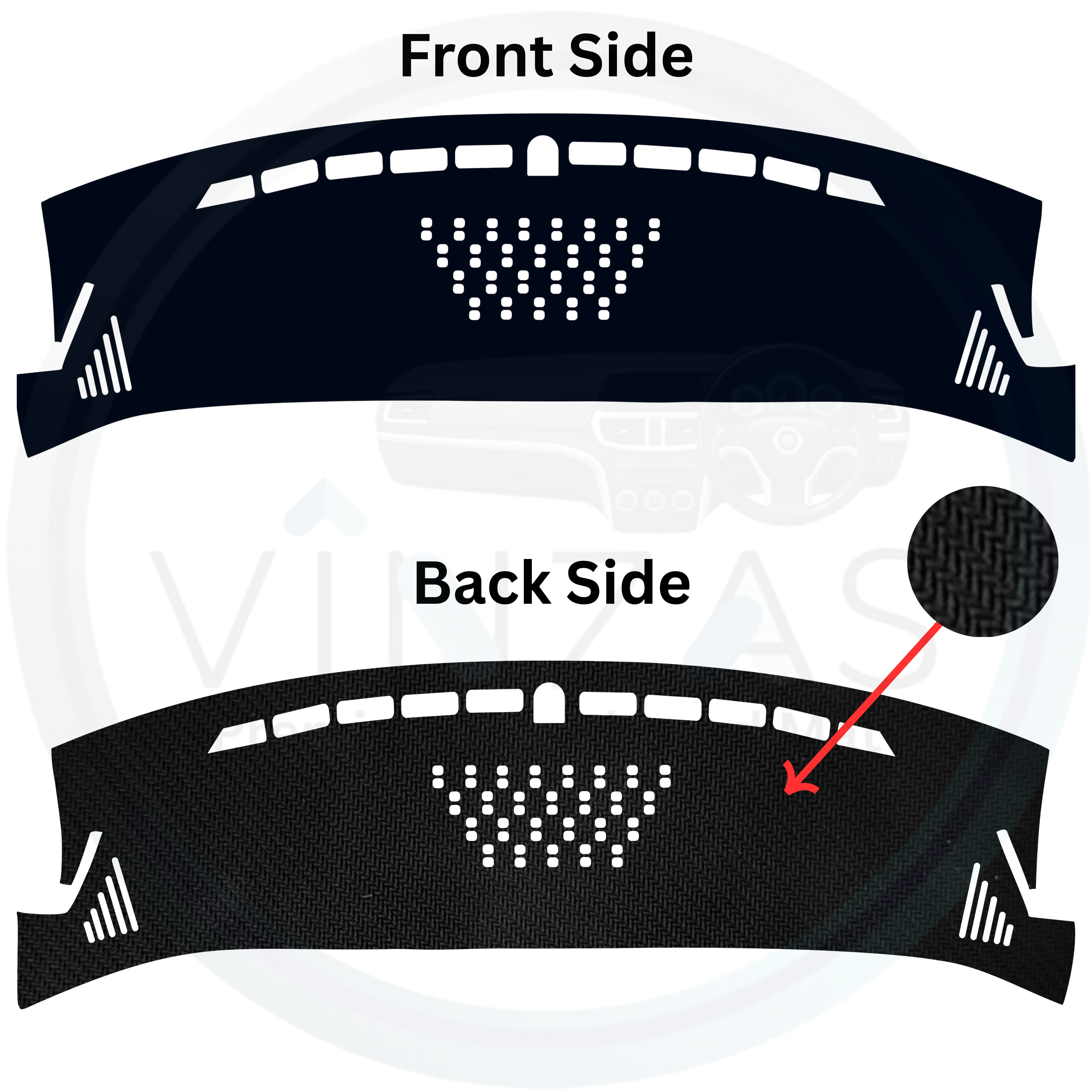 Diagram showing front and back sides of a black dashboard cover with adhesive backing.