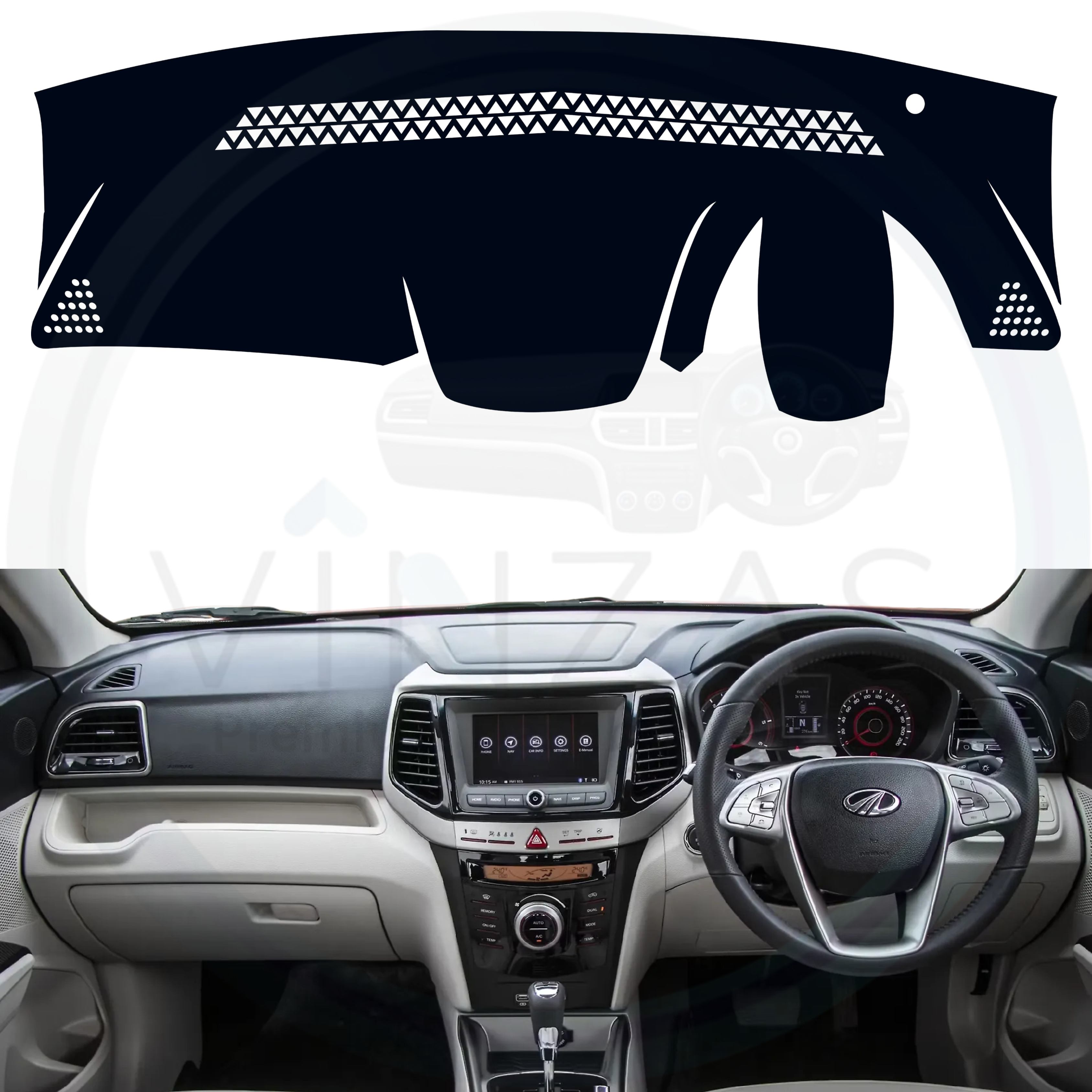 Car dashboard cover with a white geometric pattern on a clear background