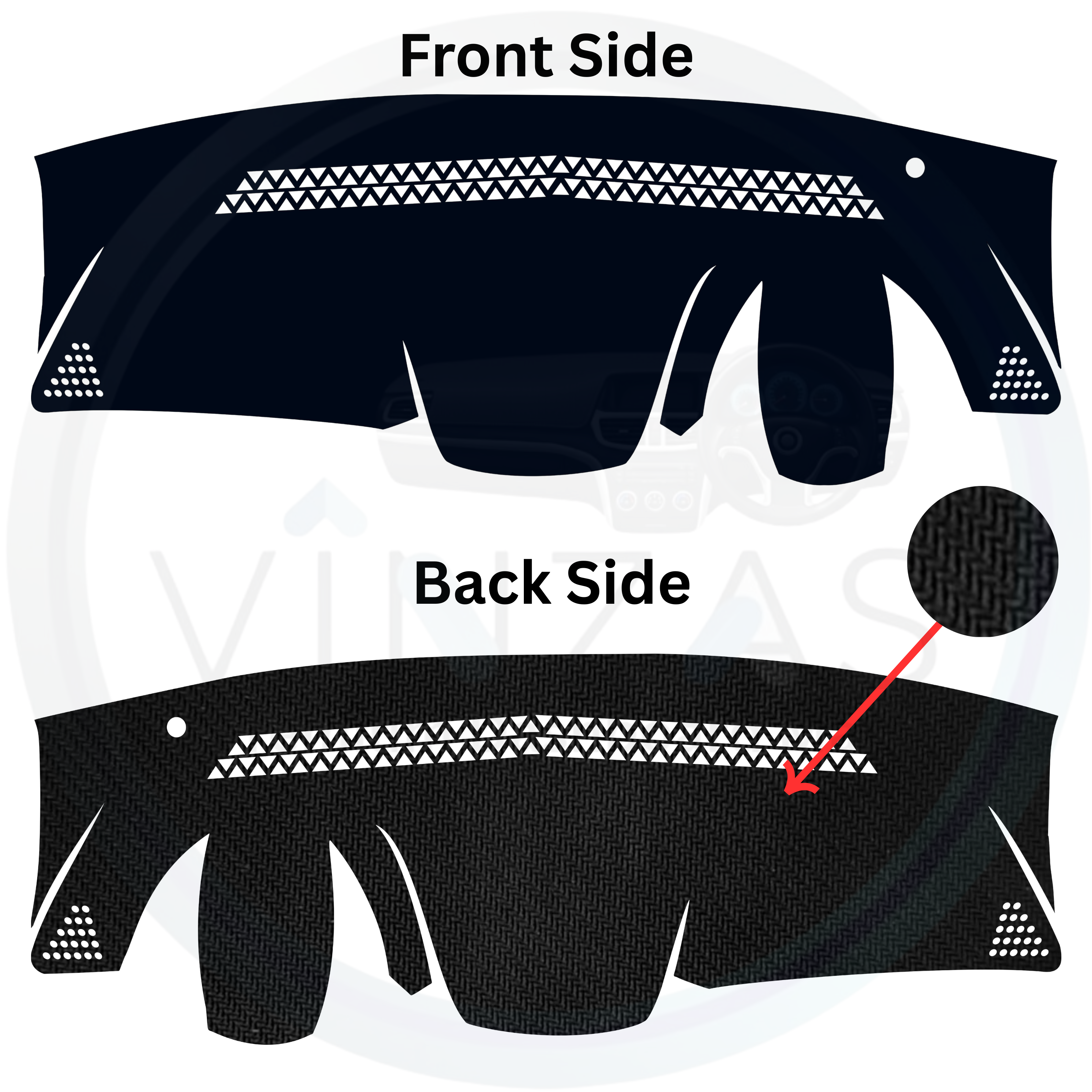 Car dashboard cover with front and back side views on a white background