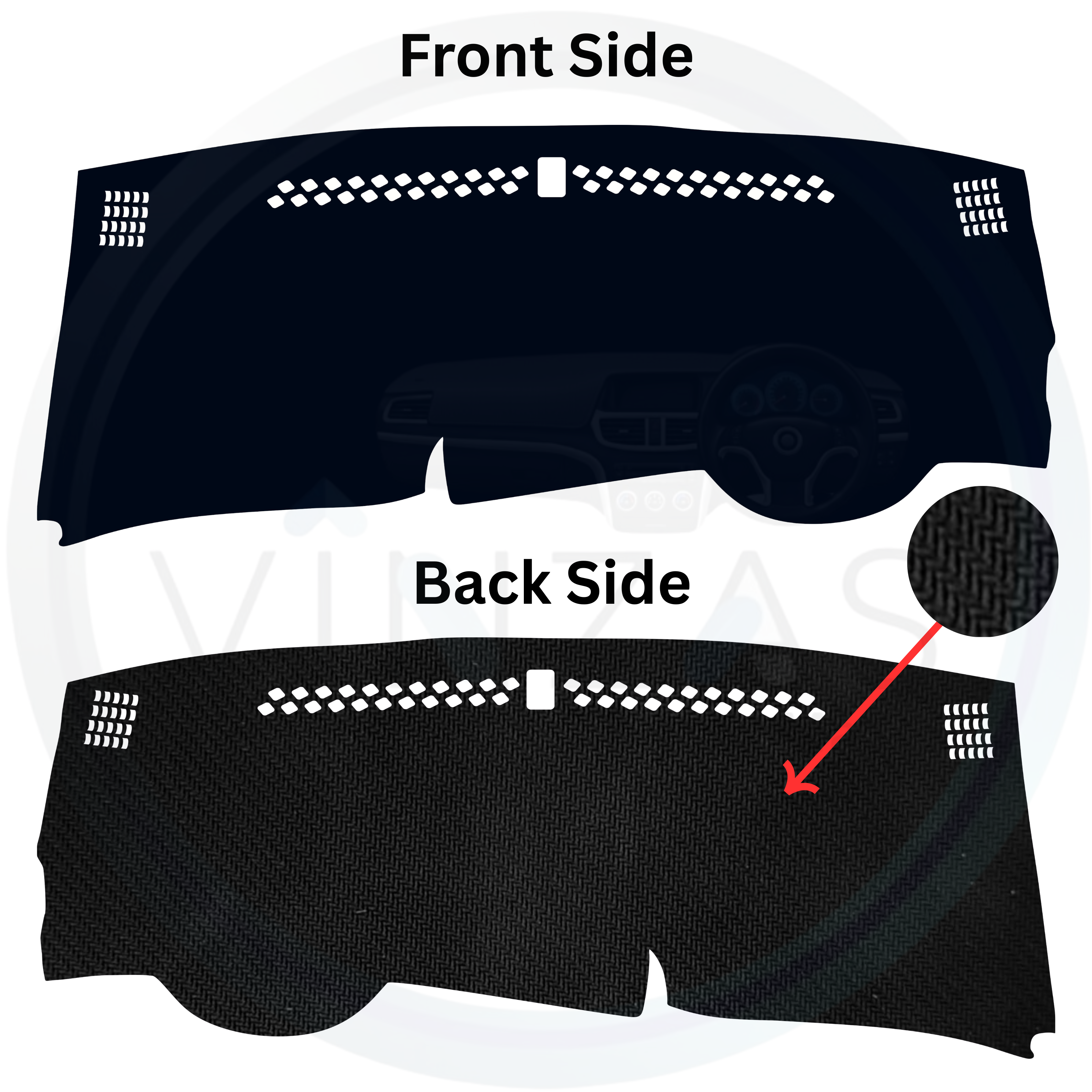 Car dashboard cover with front and back side views on a white background