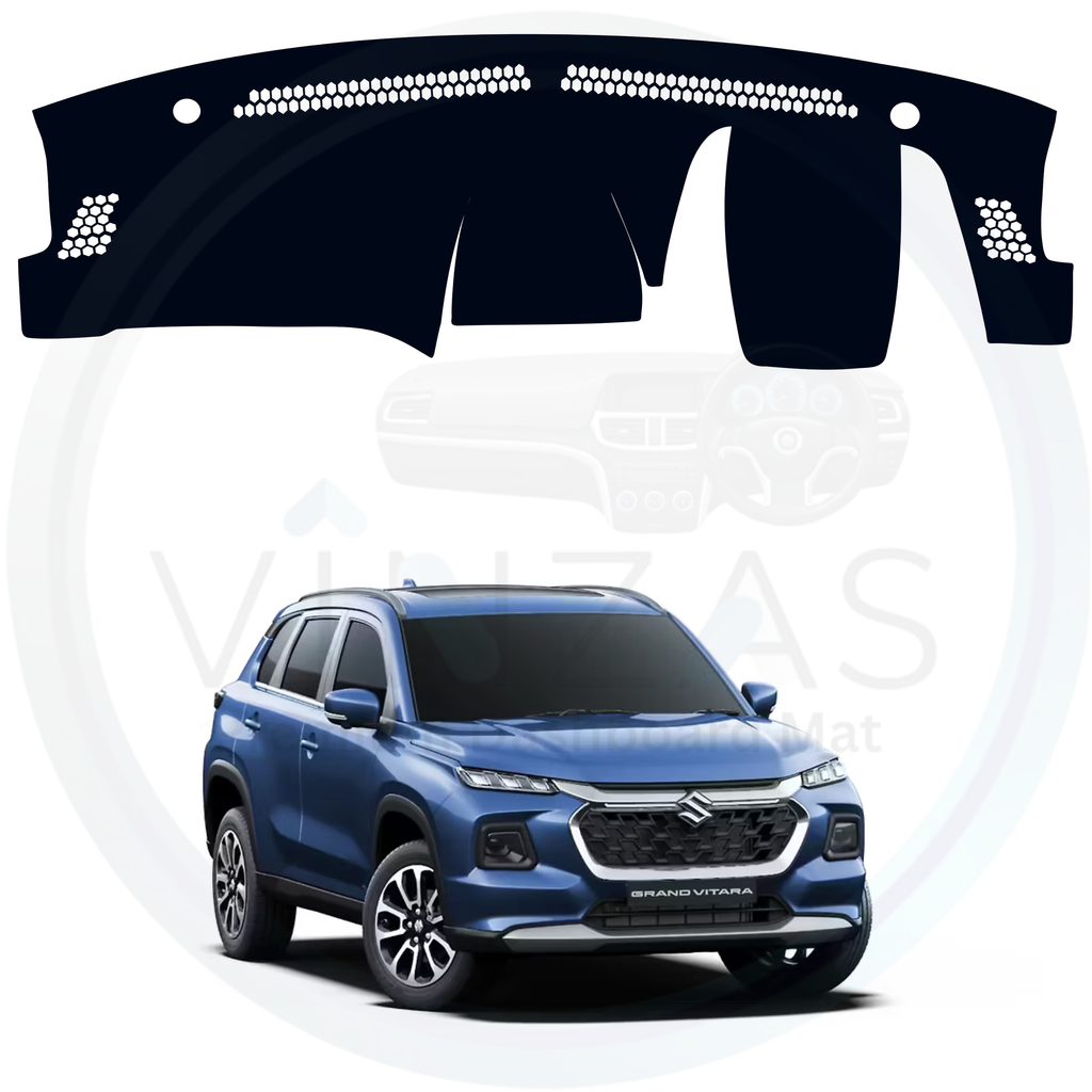 Car dashboard cover with a blue SUV in the background