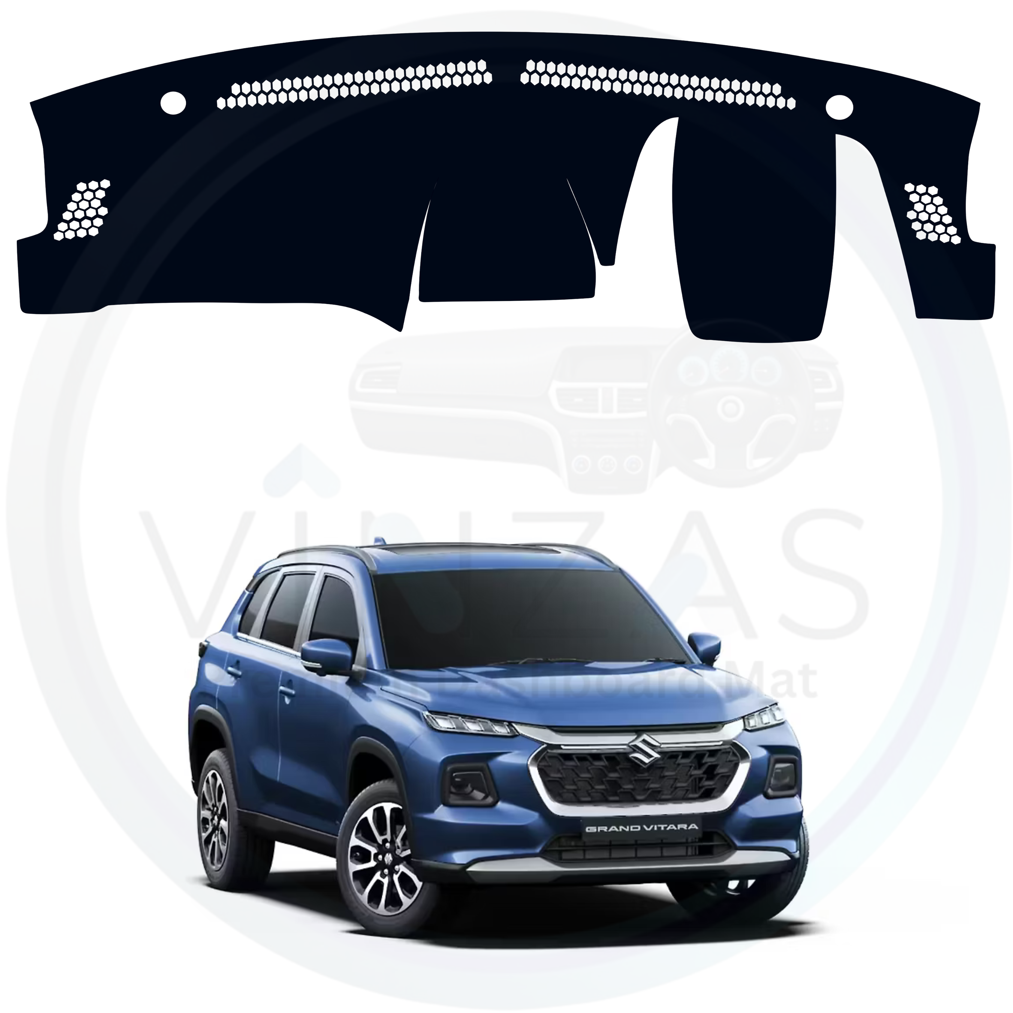 Car dashboard cover with a blue SUV in the background