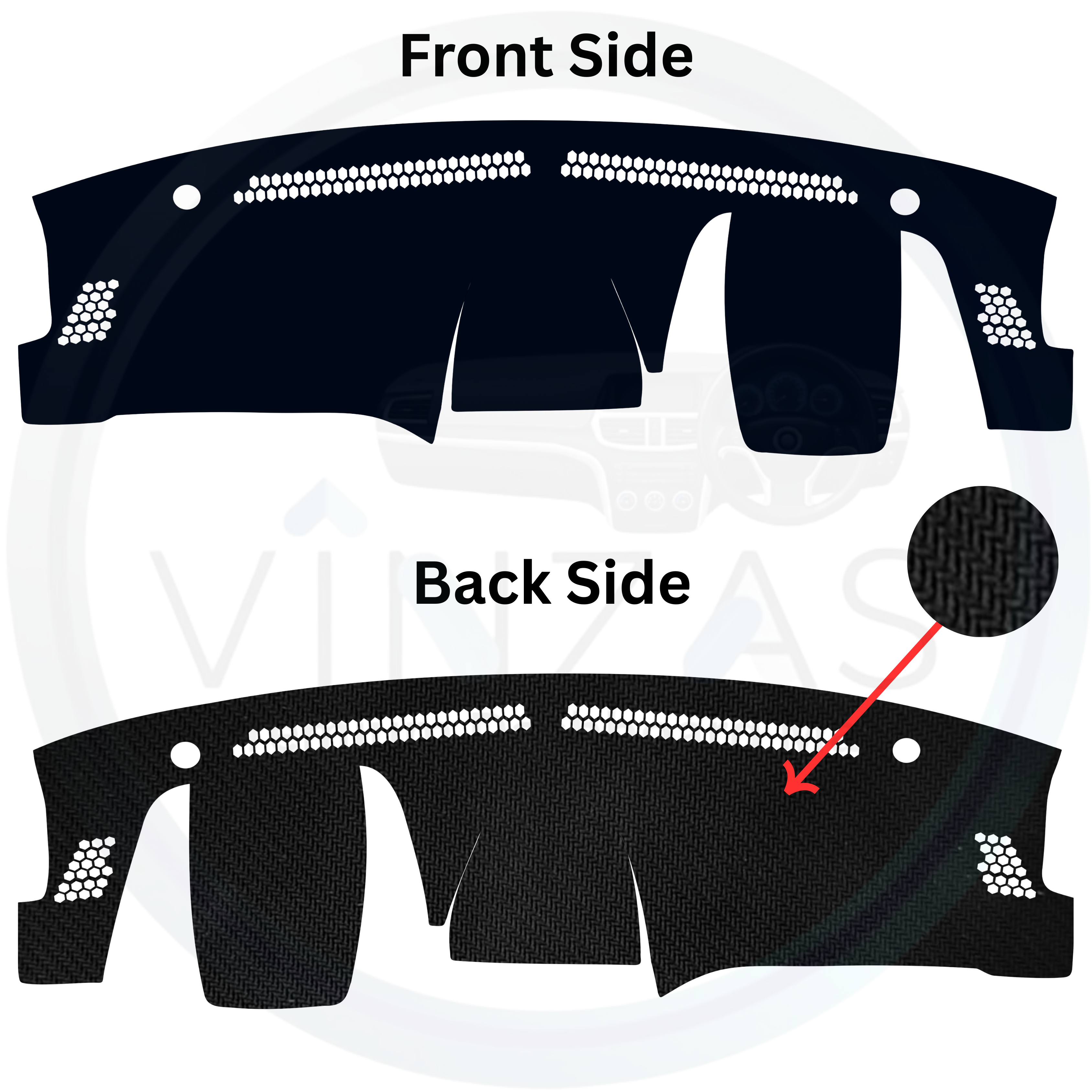 Car dashboard cover with front and back side views on a white background