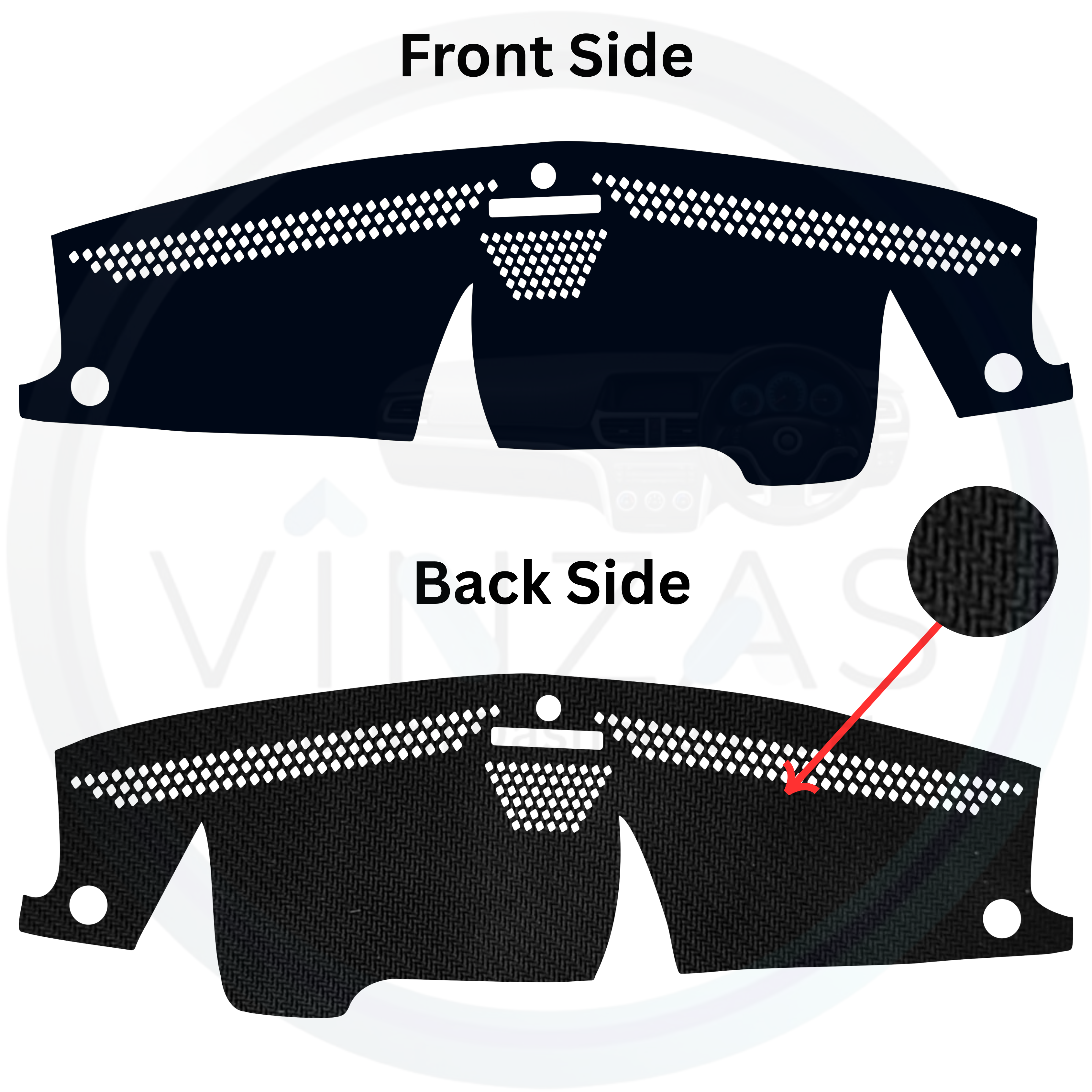 Car dashboard cover with front and back side views on a white background