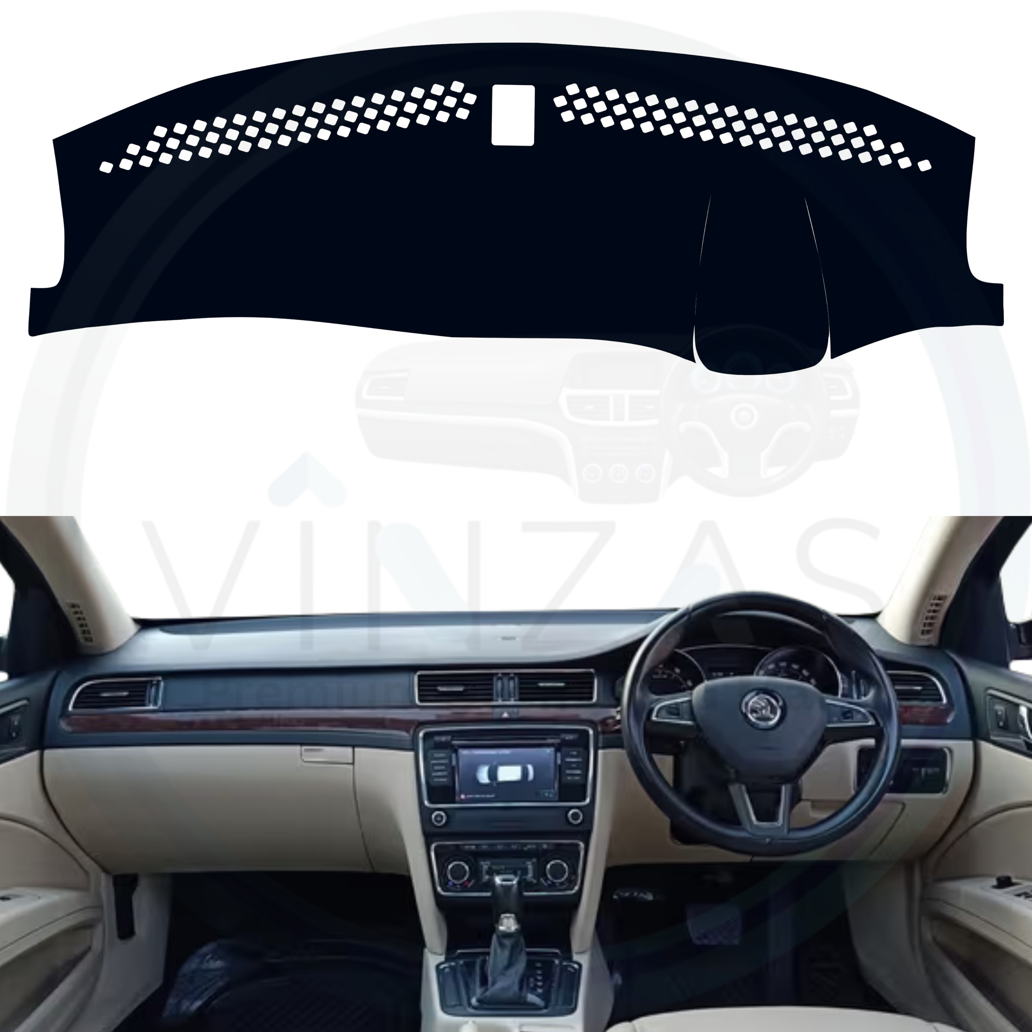 Car dashboard cover with a black and white pattern on a car interior background