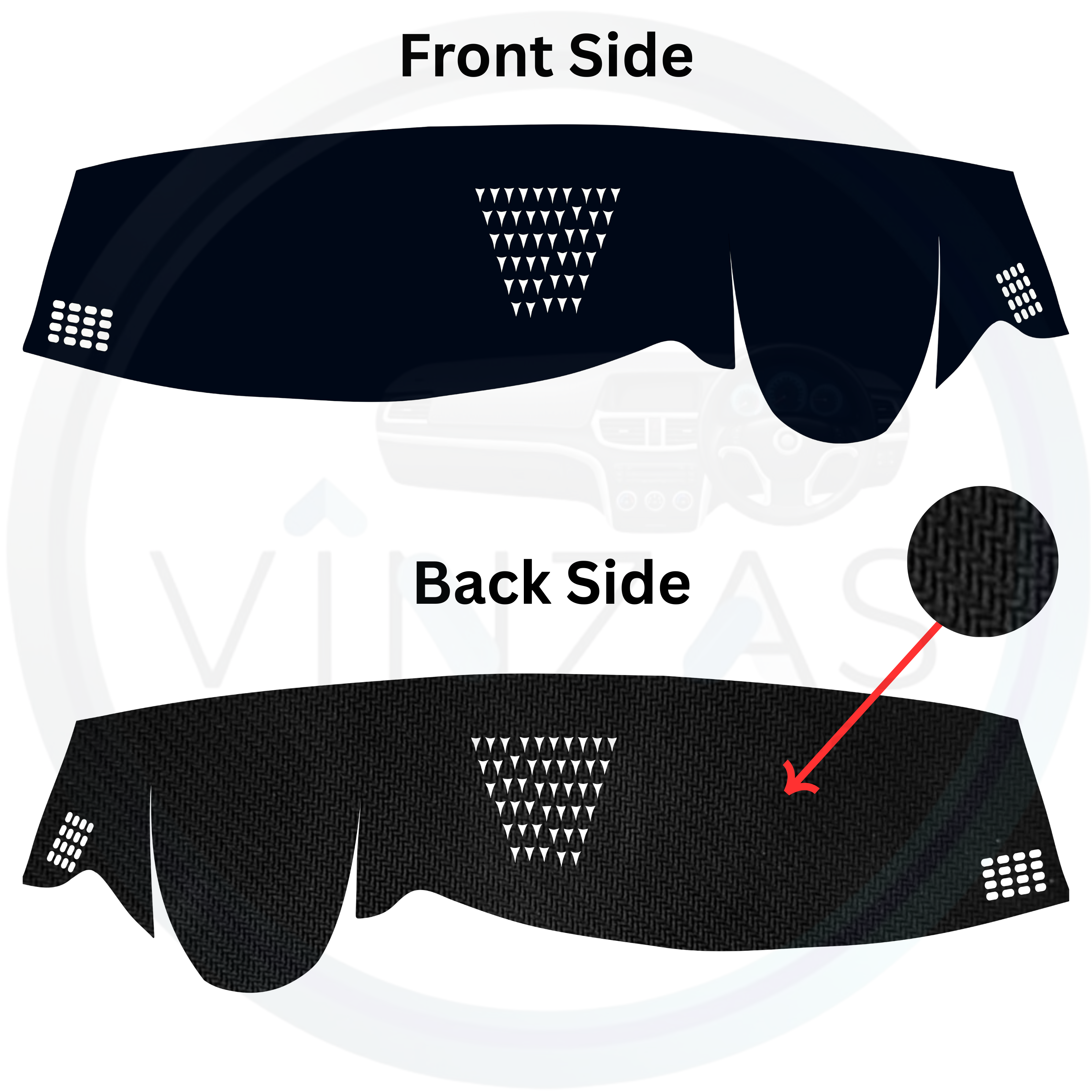 Black car dashboard cover with front and back side views on a white background