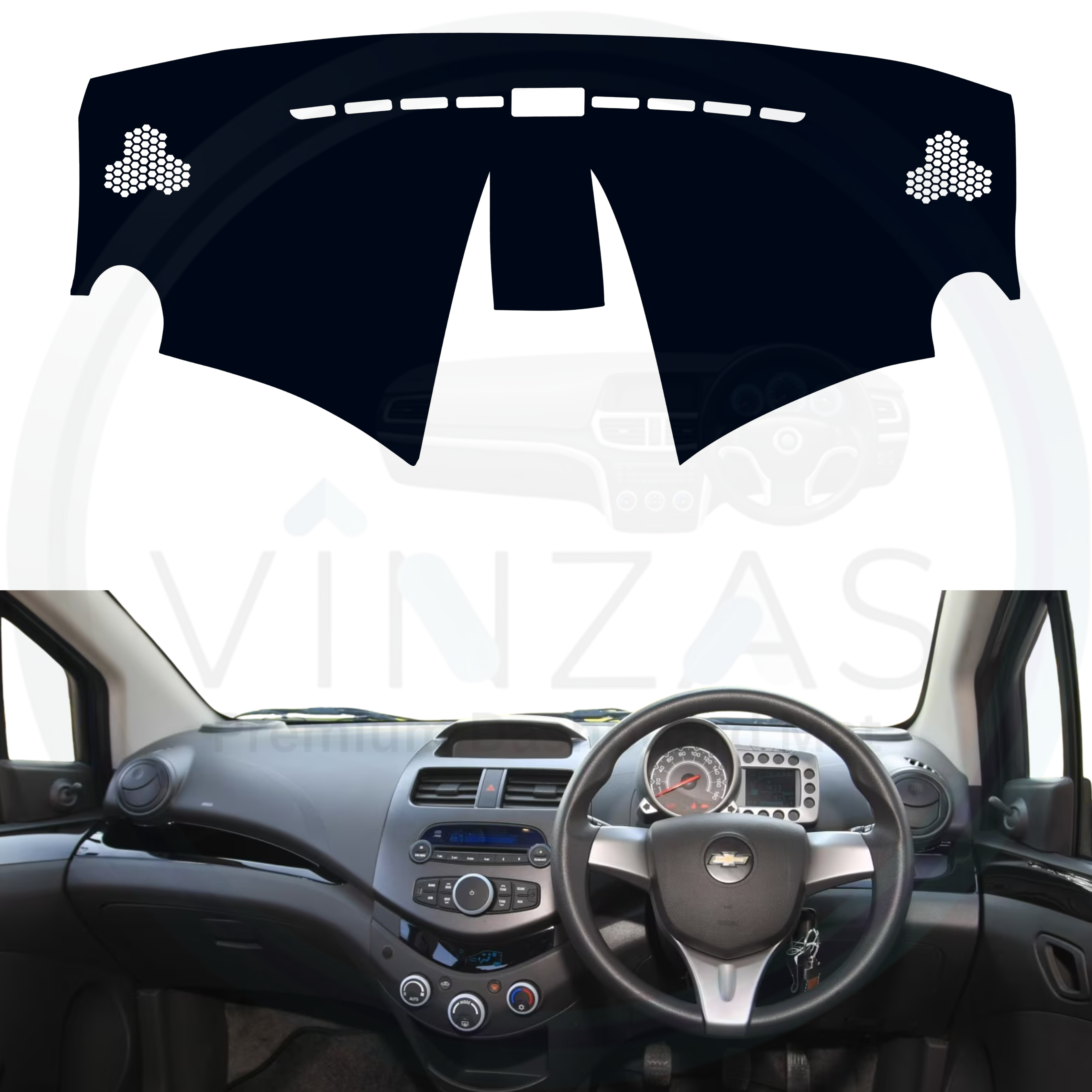 Car dashboard with a black mat and steering wheel, branded 'Vinzas'.